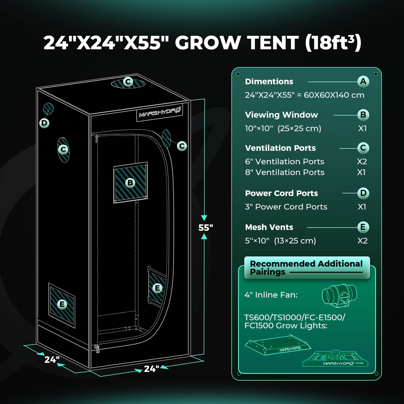 Mars Hydro 60x60x140cm Grow Tent – 1680D Light-Proof Tent with High Reflection GrowBox