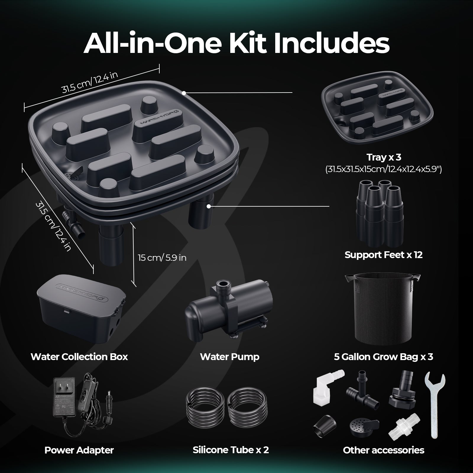Mars Hydro Auto-Drainage System 3-Pack Runoff Trays|Water Pump|Grow Bags|for Grow Tents Garden 3 Plants