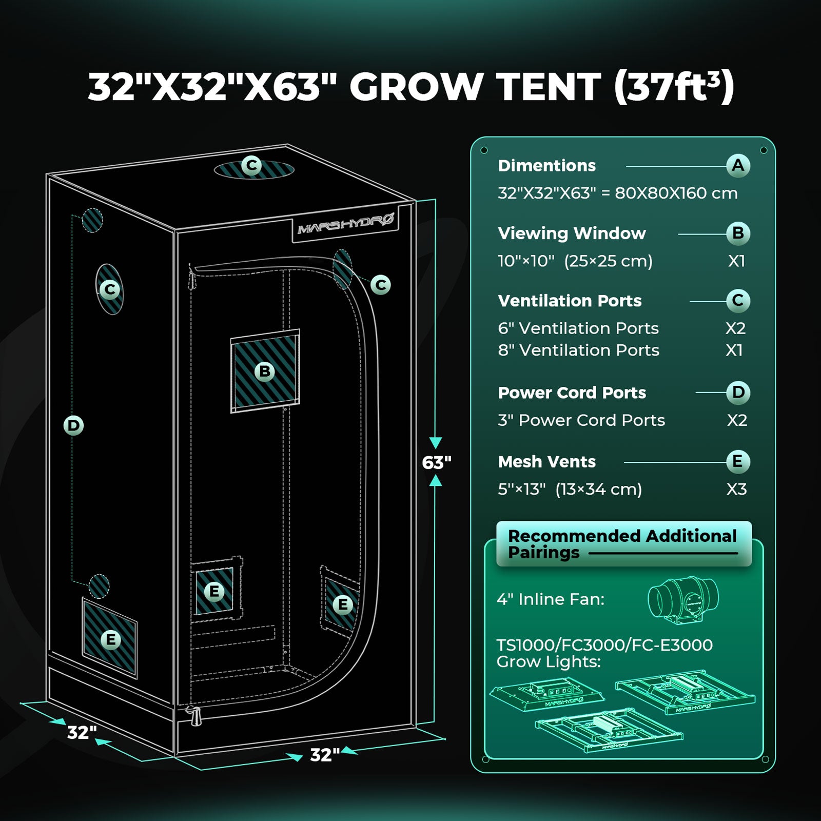 Mars Hydro TS 1000 LED Grow Light + 2.6'X2.6'(32"x32"x63") Indoor Complete Grow Tent Kits