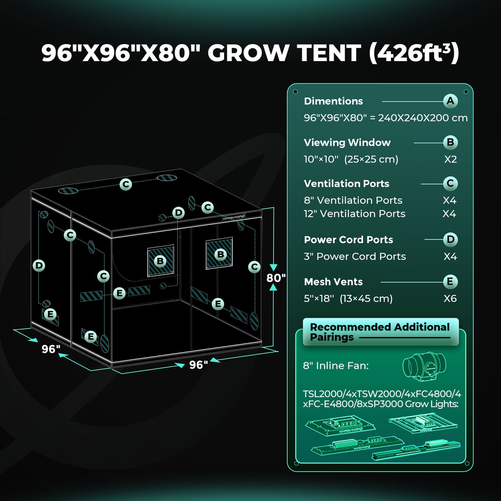 Mars Hydro 240x240x200cm Grow Tent – 1680D Light-Proof Tent with High Reflection GrowBox