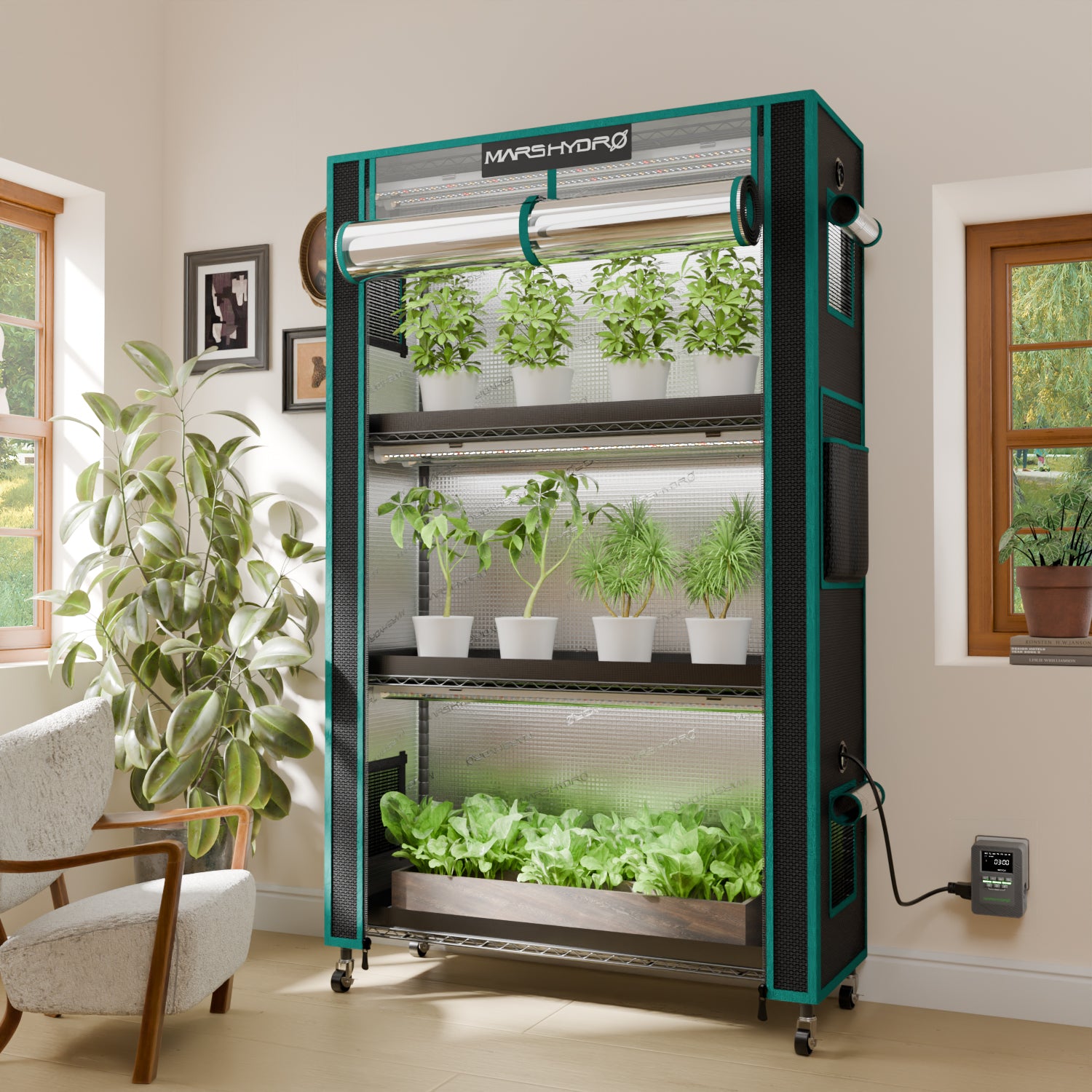 Mars Hydro 4 Tier Plant Stand With 150W LED Grow Lights, 1680D Grow Tent for Clone Seedling Veg Flower Indoor Plant with iTime Timer