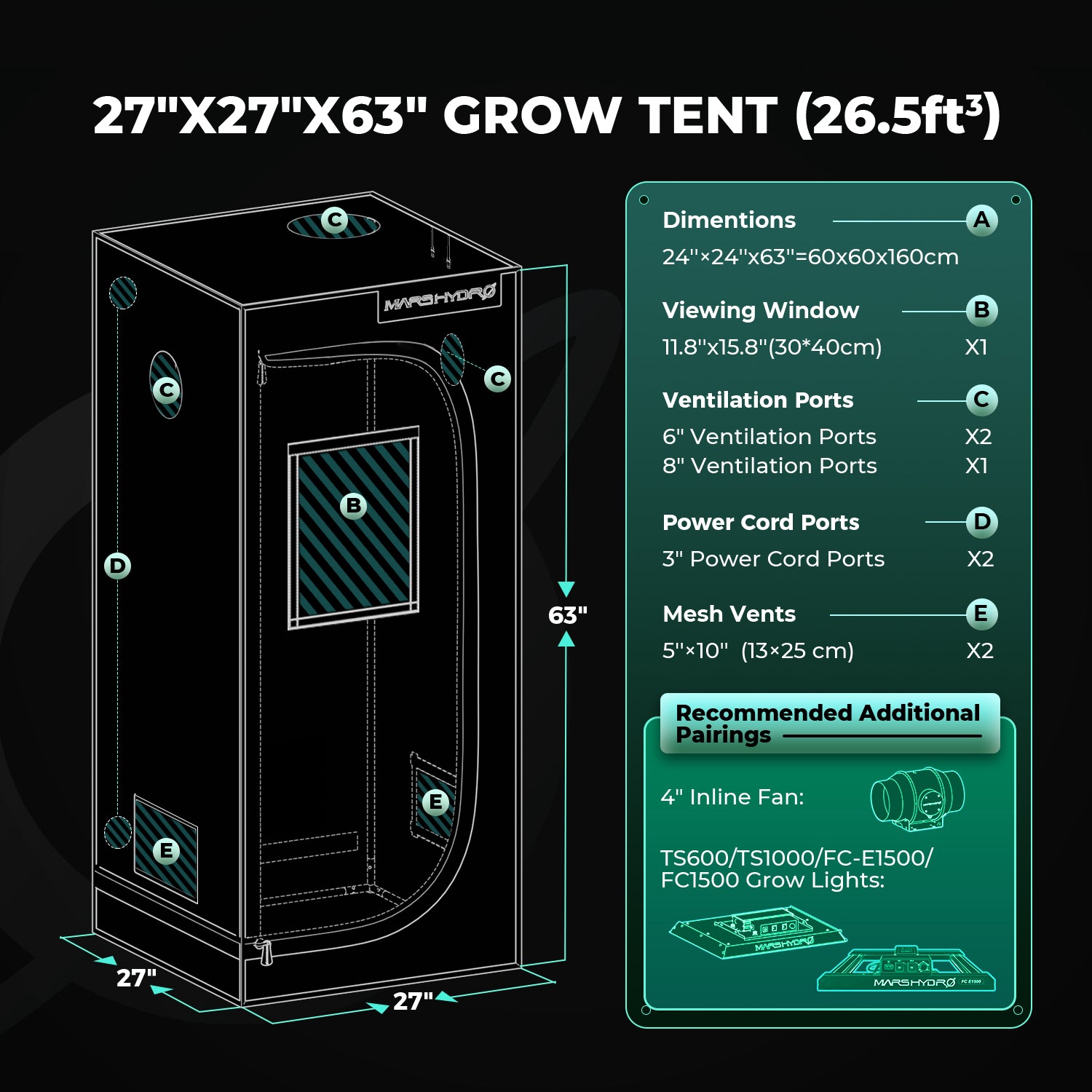 Mars Hydro 60x60x160cm Grow Tent Pro – 2000D Lightproof Indoor Grow Box with High-Reflective Mylar & Large Viewing Window