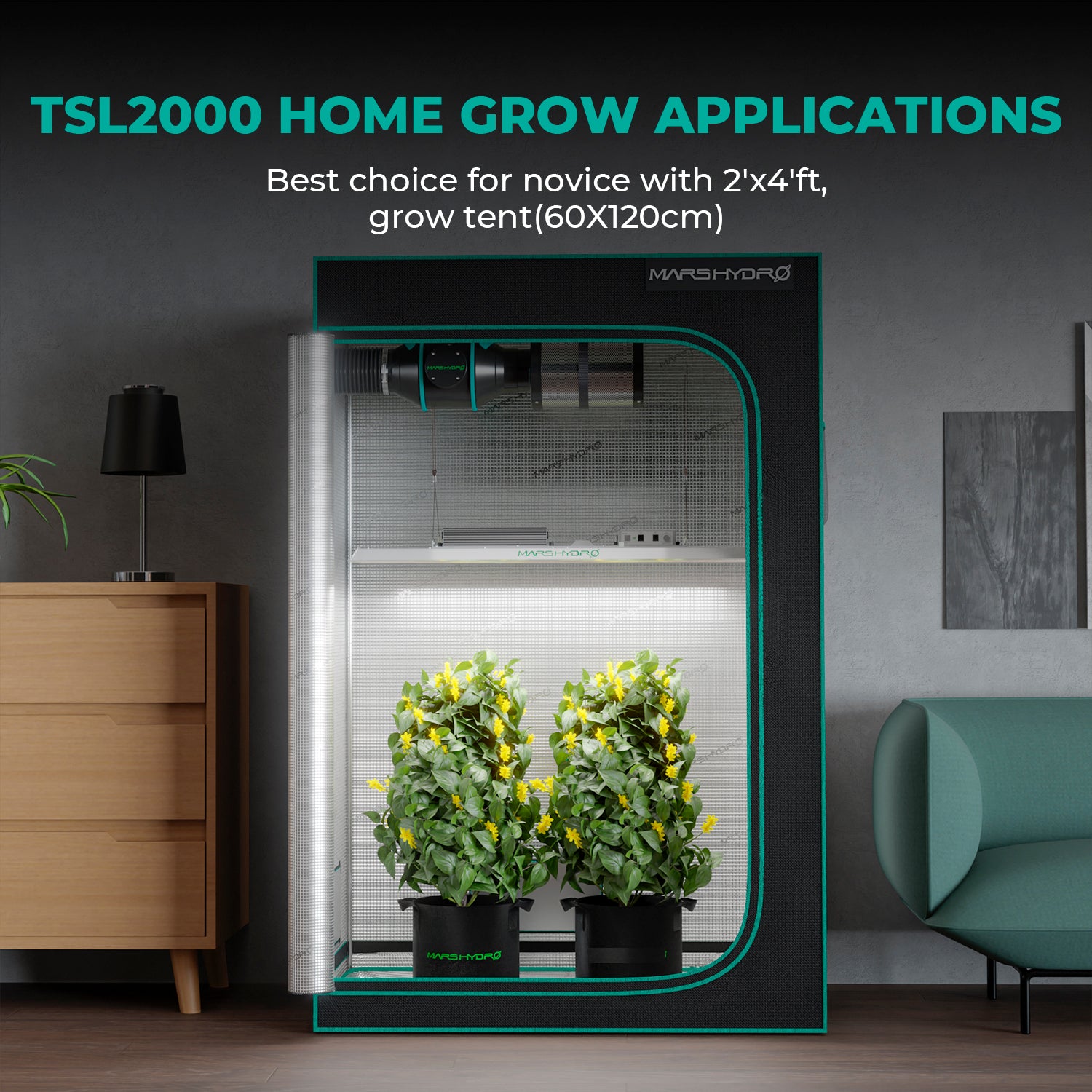 Mars Hydro TSL2000 Complete Grow Tent Kit | 300W LED Grow Light + 120x60x180cm Indoor Grow Tent + 4″ Ventilation System | 6“ Clip-on fan