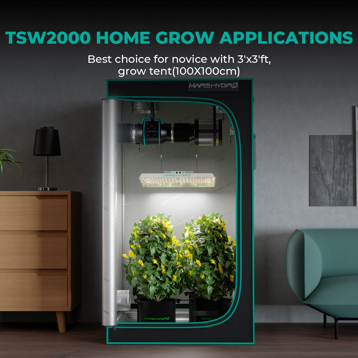 Mars Hydro TSW2000 Complete Grow Tent Kit | 300W LED Grow Light | 120x120x200cm Indoor Grow Tent | 6″ Ventilation System | 6“ Clip-on fan