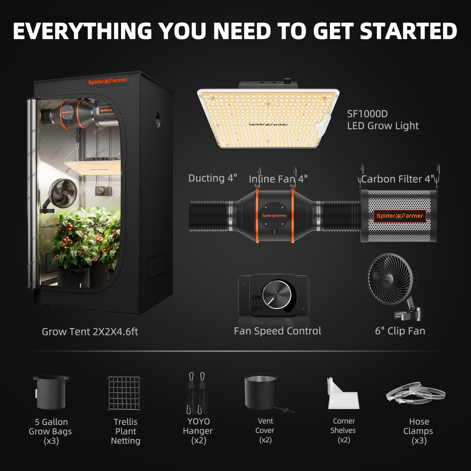 Spider Farmer® 2’x2′X4.6′ Complete Grow Tent Kit丨SF1000D Full Spectrum LED Grow Light丨6” Clip Fan丨4” Ventilation System with Speed Controller