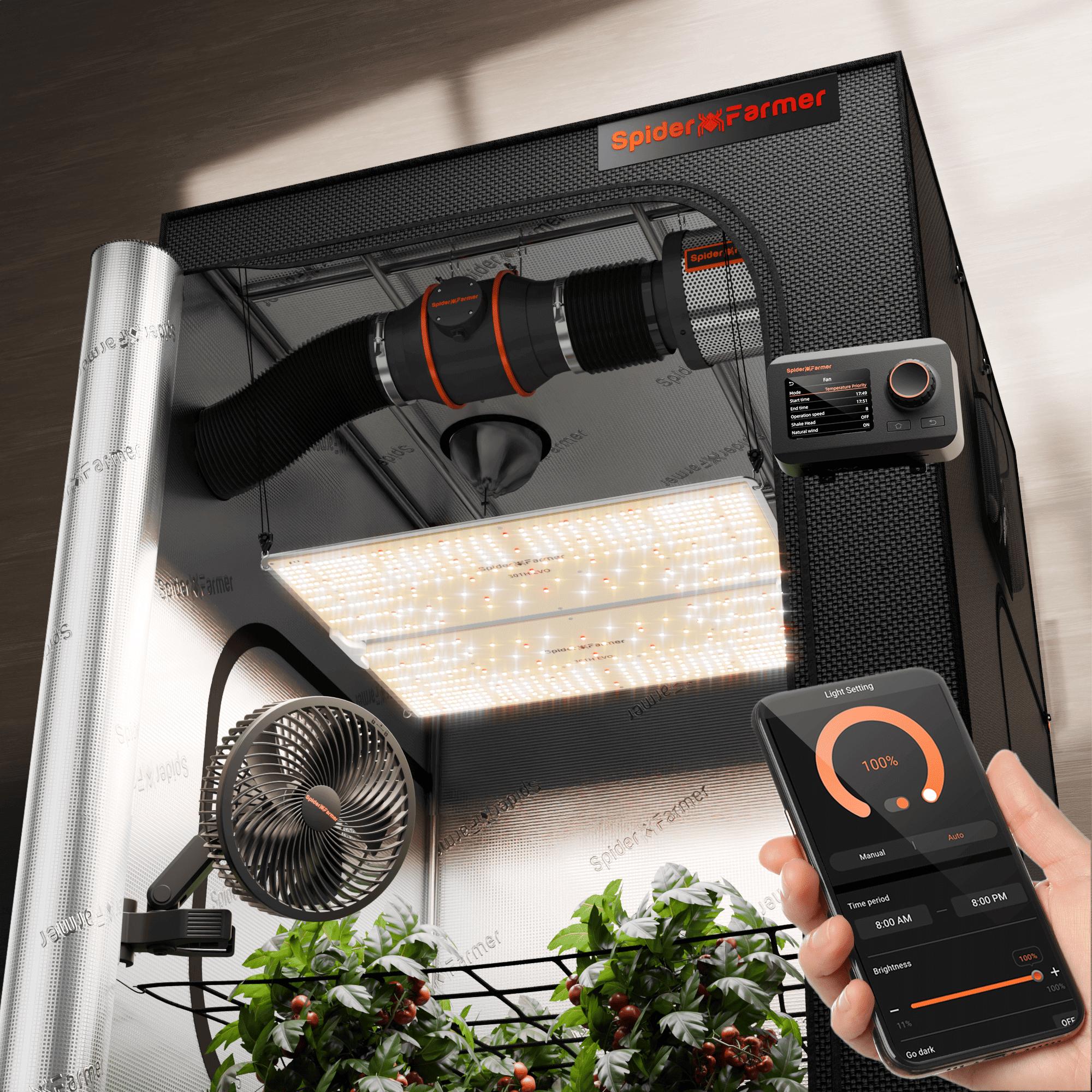 Spider Farmer® 4‘x4‘x6.5‘Complete Grow Tent Kit丨SF4000 450W Full Spectrum LED Grow Light丨6” Ventilation System with Humidity and APP GGS Controller丨6” Clip Fan