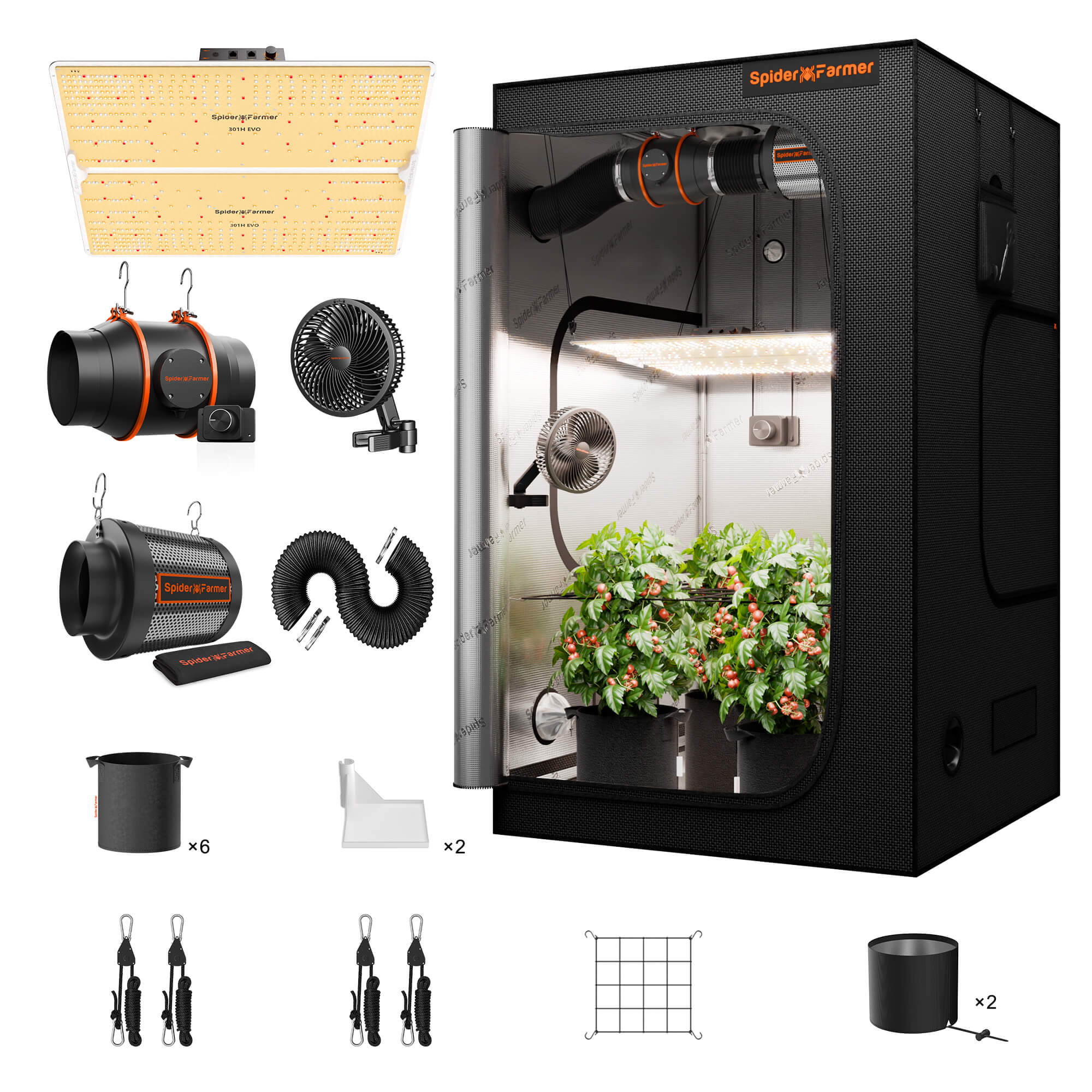 Spider Farmer® 4’x4′X6.5′ Complete Grow Tent Kit丨SF4000 301H EVO Full Spectrum LED Grow Light丨6” Clip Fan丨6” Ventilation System with Speed Controller