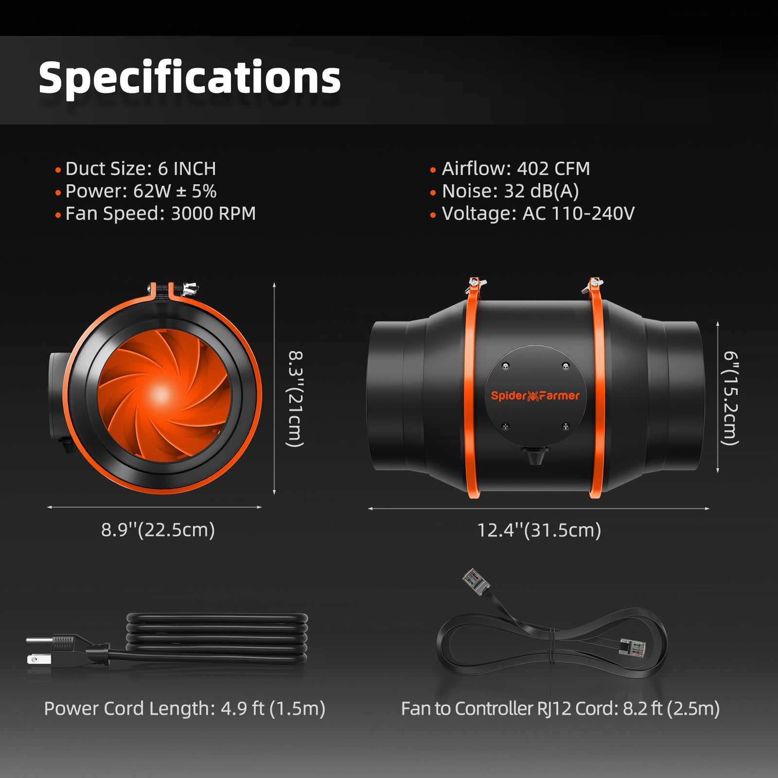 Spider Farmer® 150mm 6″ Inline Fan 402CFM with Speed Controller RJ12 Port, GGS Controller Compatible