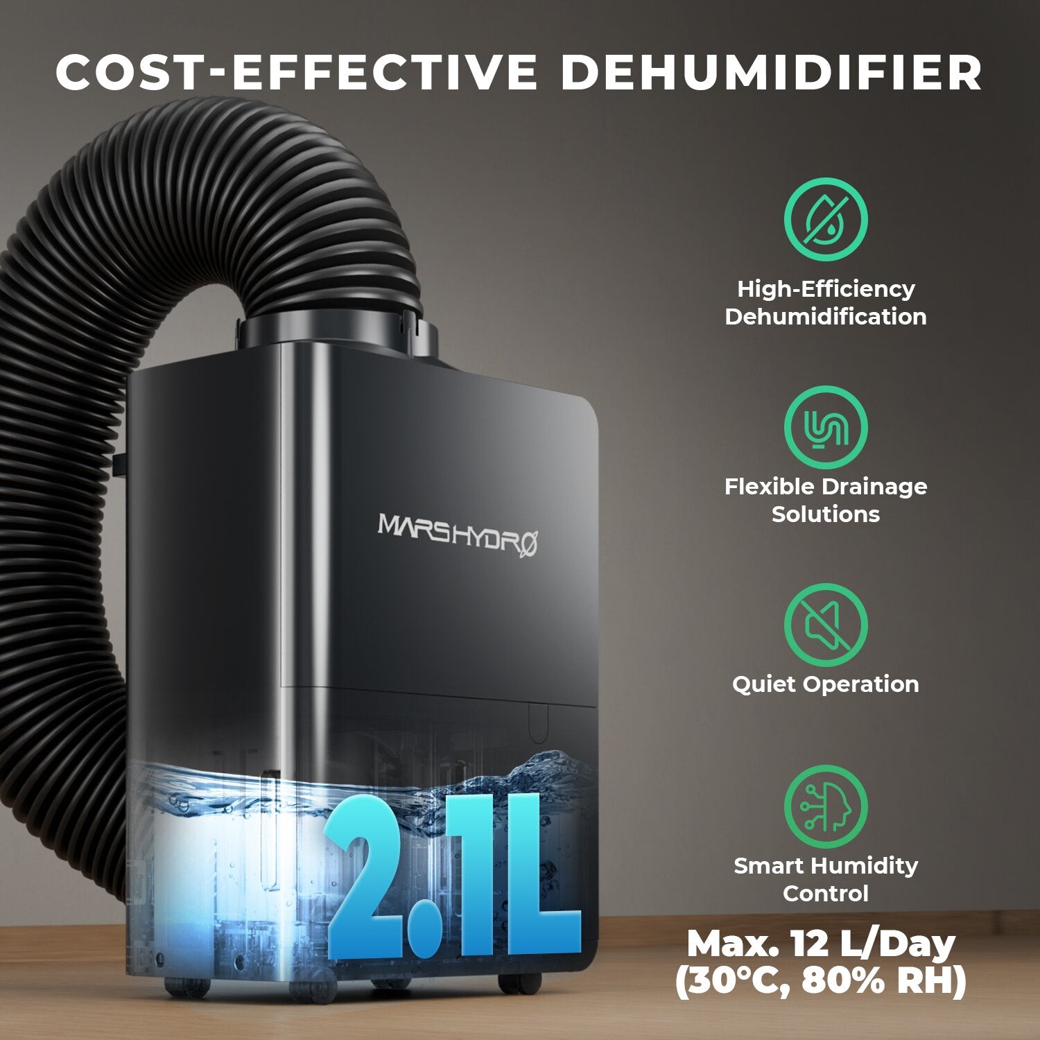 Mars Hydro 12L/Day Dehumidifier for Indoor Grow Tents | Smart RJ12 Control | iControl System Compatible