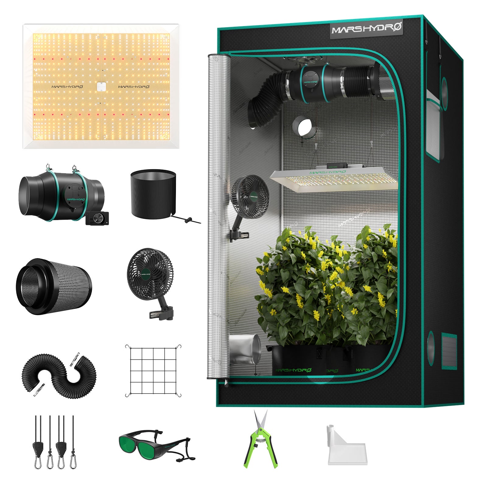 Mars Hydro TSW2000 Complete Grow Tent Kit | 300W LED Grow Light | 120x120x200cm Indoor Grow Tent | 6″ Ventilation System | 6“ Clip-on fan