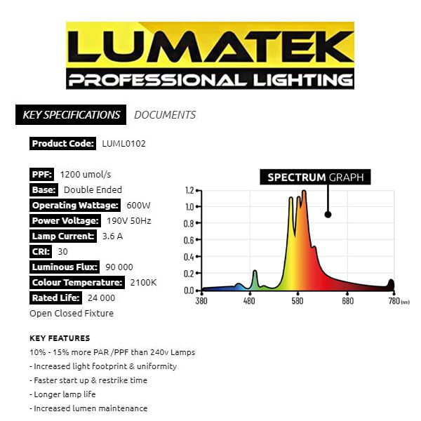 LUMATEK 600W 400V DE HPS LAMP