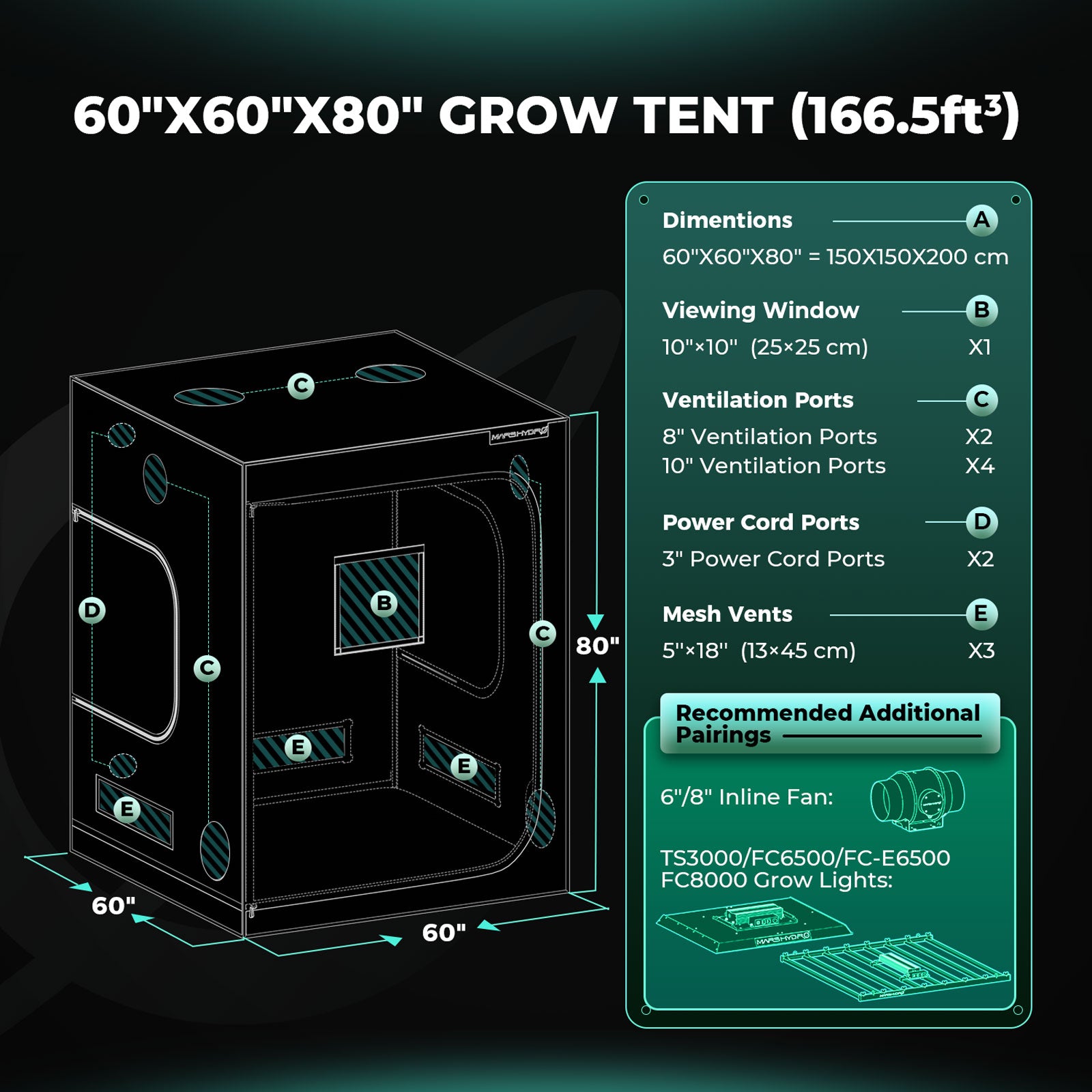 Mars Hydro 150x150x200cm Grow Tent – 1680D Light-Proof Tent with High Reflection GrowBox