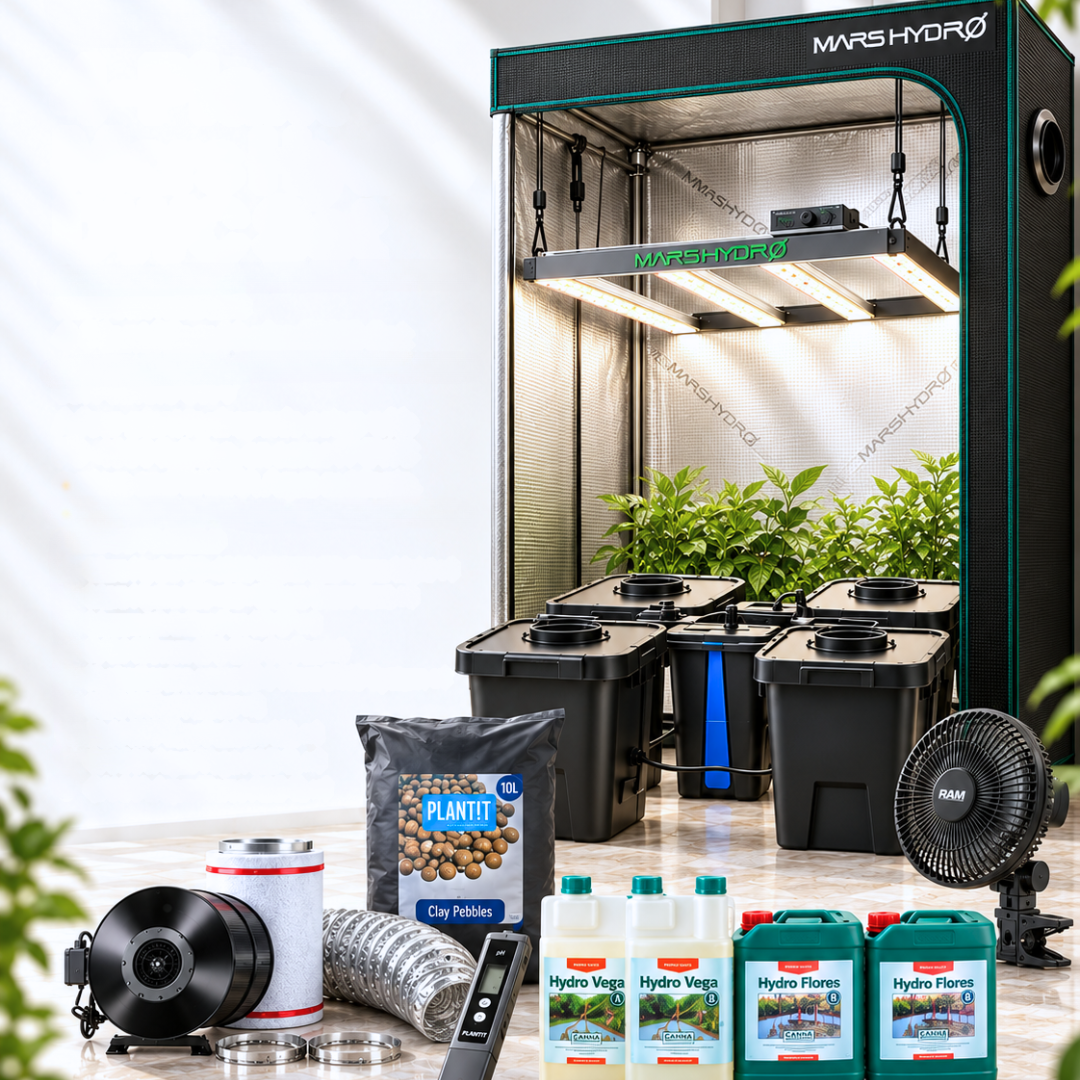 Illustrative image for the 4 Plant Mars Hydro DWC Set. The bundle includes CANNA Aqua Vega and Aqua Flores nutrients; see the list for exact models and quantities.