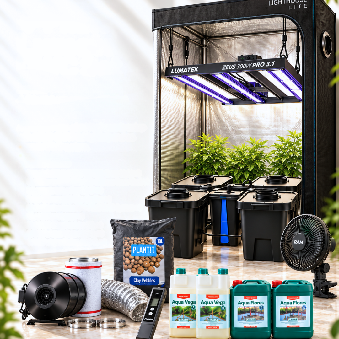 Illustrative image for the 4 Plant Lumatek DWC Set. See the included equipment list for exact models and quantities. Plants are not included.