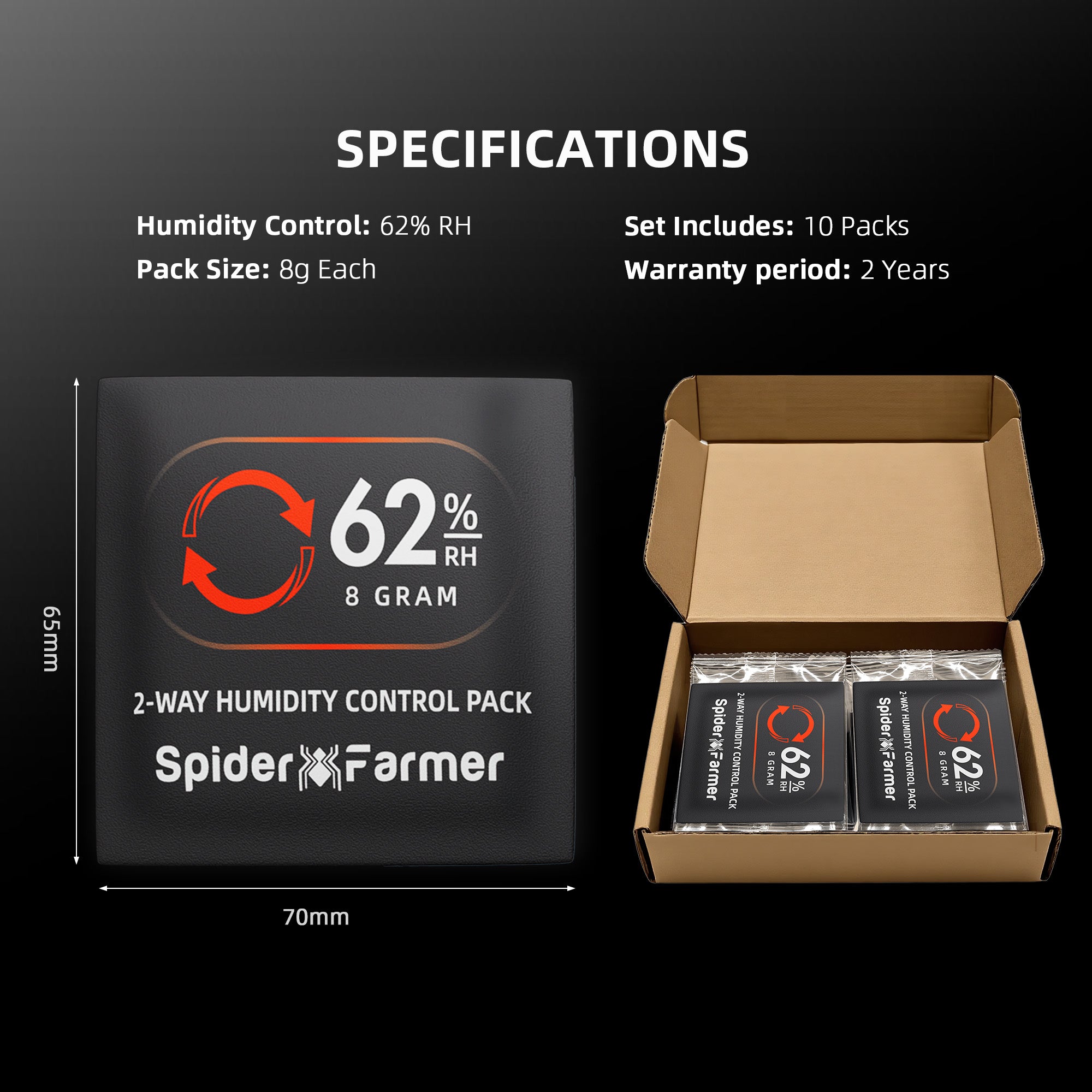 Spider Farmer 62% RH 8g 2-Way Humidity Control Packs | 10 Packs