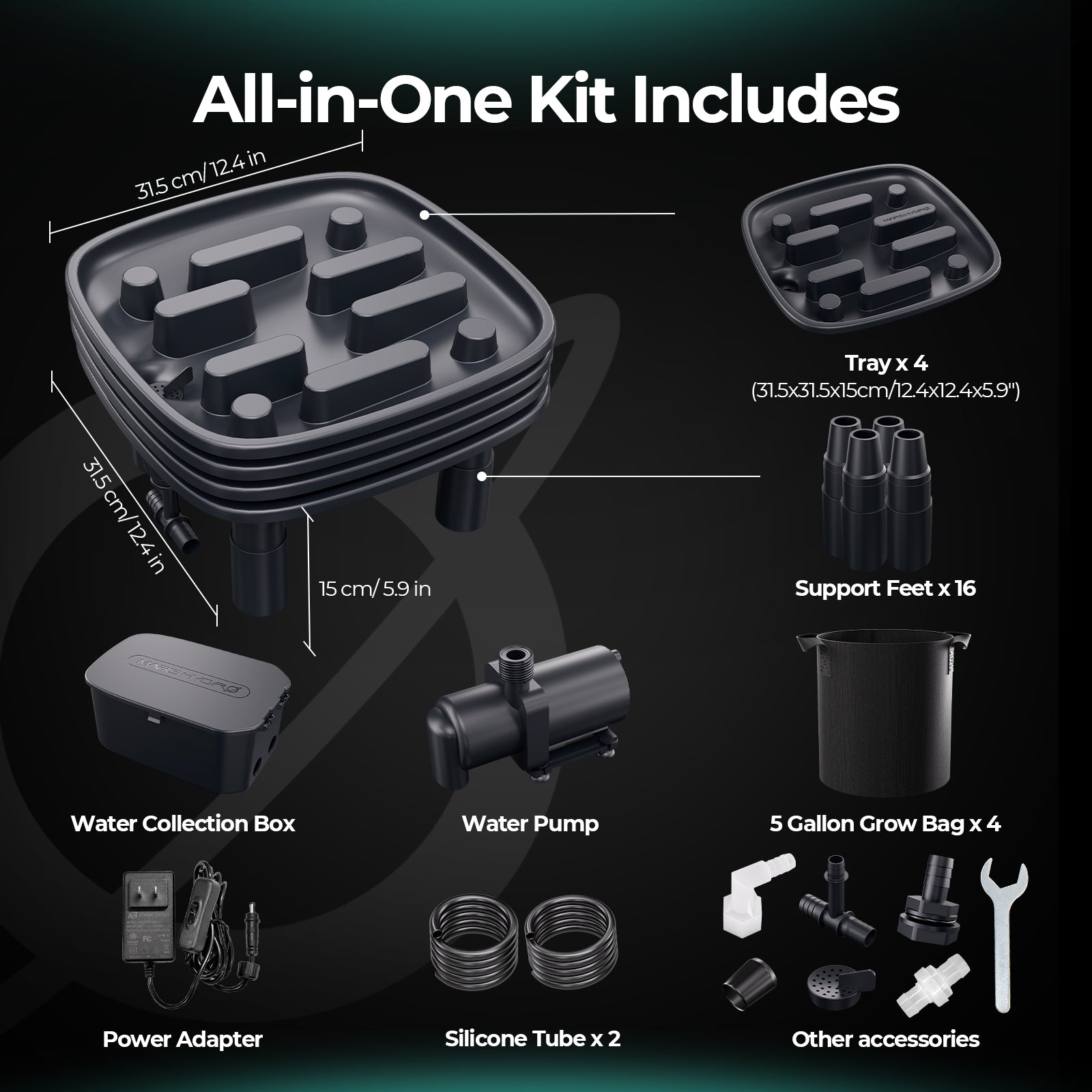 Mars Hydro Auto-Drainage System with 4-Pack Runoff Trays|Water Pump|Grow Bags|for Grow Tents Greenhouses Garden