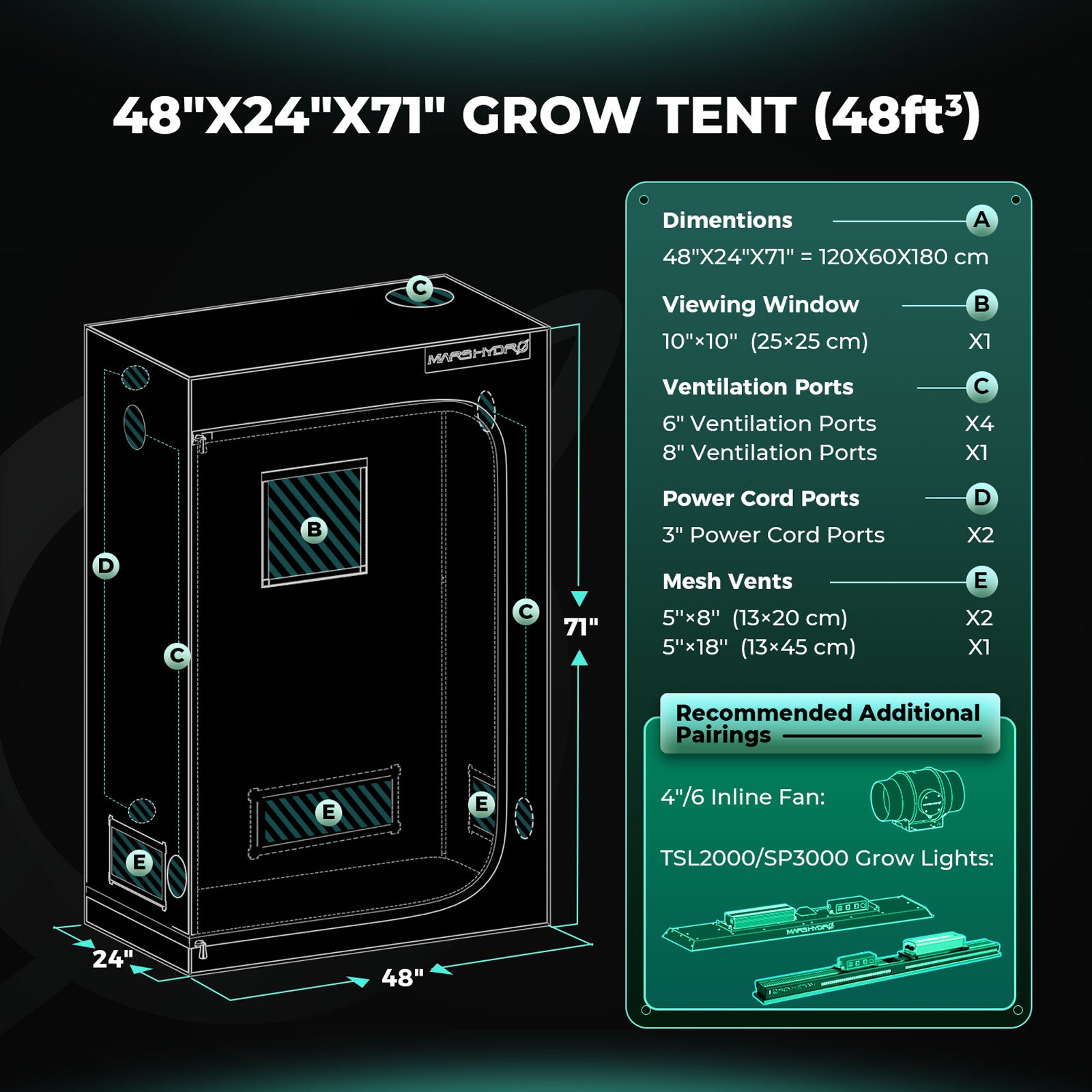 Mars Hydro TSL2000 Complete Grow Tent Kit | 300W LED Grow Light + 120x60x180cm Indoor Grow Tent + 4″ Ventilation System | 6“ Clip-on fan