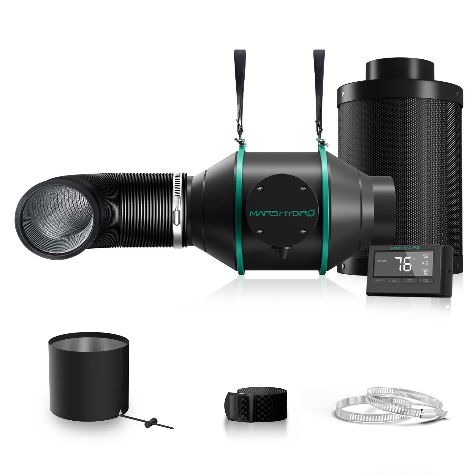 Mars Hydro 4″ (100mm) Inline Duct Fan and Refillable Carbon Filter Combo with Thermostat Controller