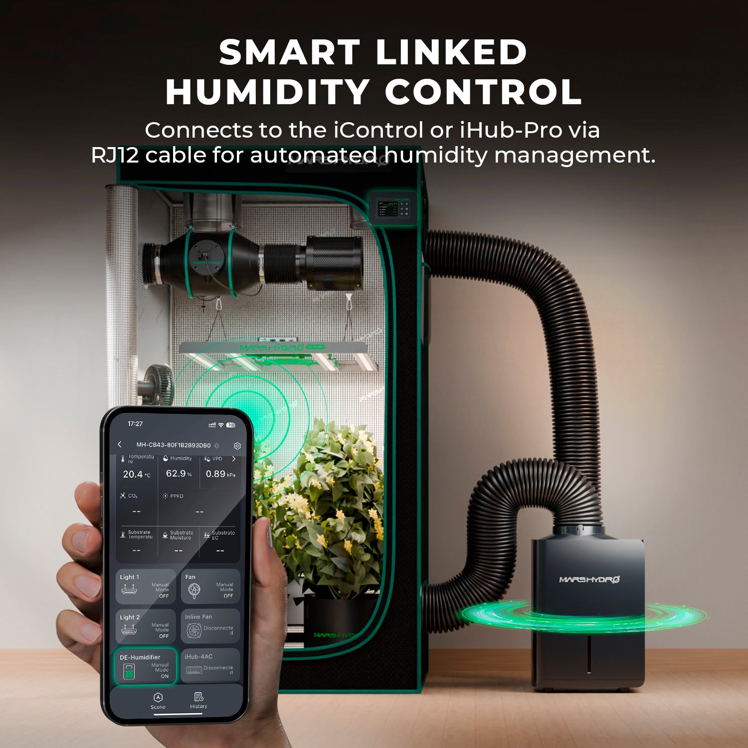 Mars Hydro 12L/Day Dehumidifier for Indoor Grow Tents | Smart RJ12 Control | iControl System Compatible