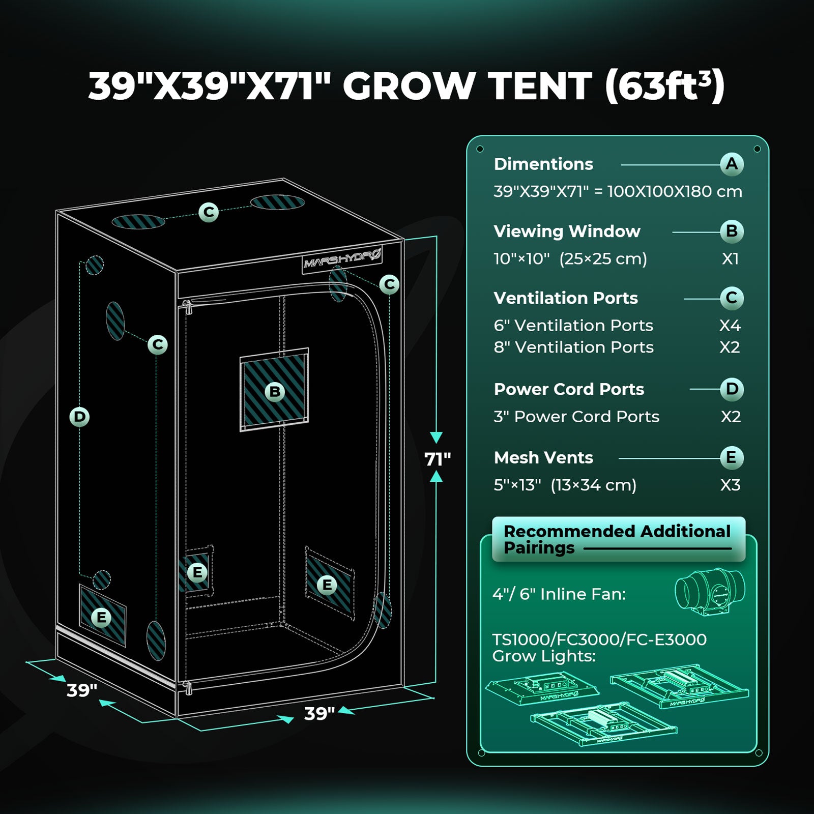 Mars Hydro FC3000-EVO Complete Grow Tent Kits | Samsung 300W LED Grow Light+100x100x180cm Indoor Tent+4″ Ventilation System | 6“ Clip-on fan | Max Yield 3.5g/watt