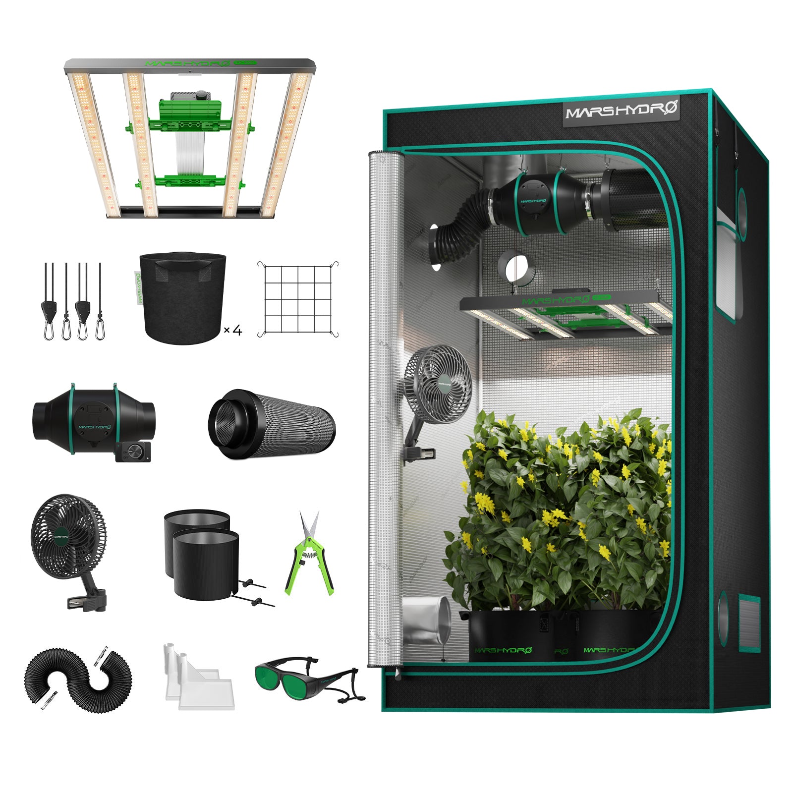Mars Hydro FC3000-EVO Complete Grow Tent Kits | Samsung 300W LED Grow Light+100x100x180cm Indoor Tent+4″ Ventilation System | 6“ Clip-on fan | Max Yield 3.5g/watt