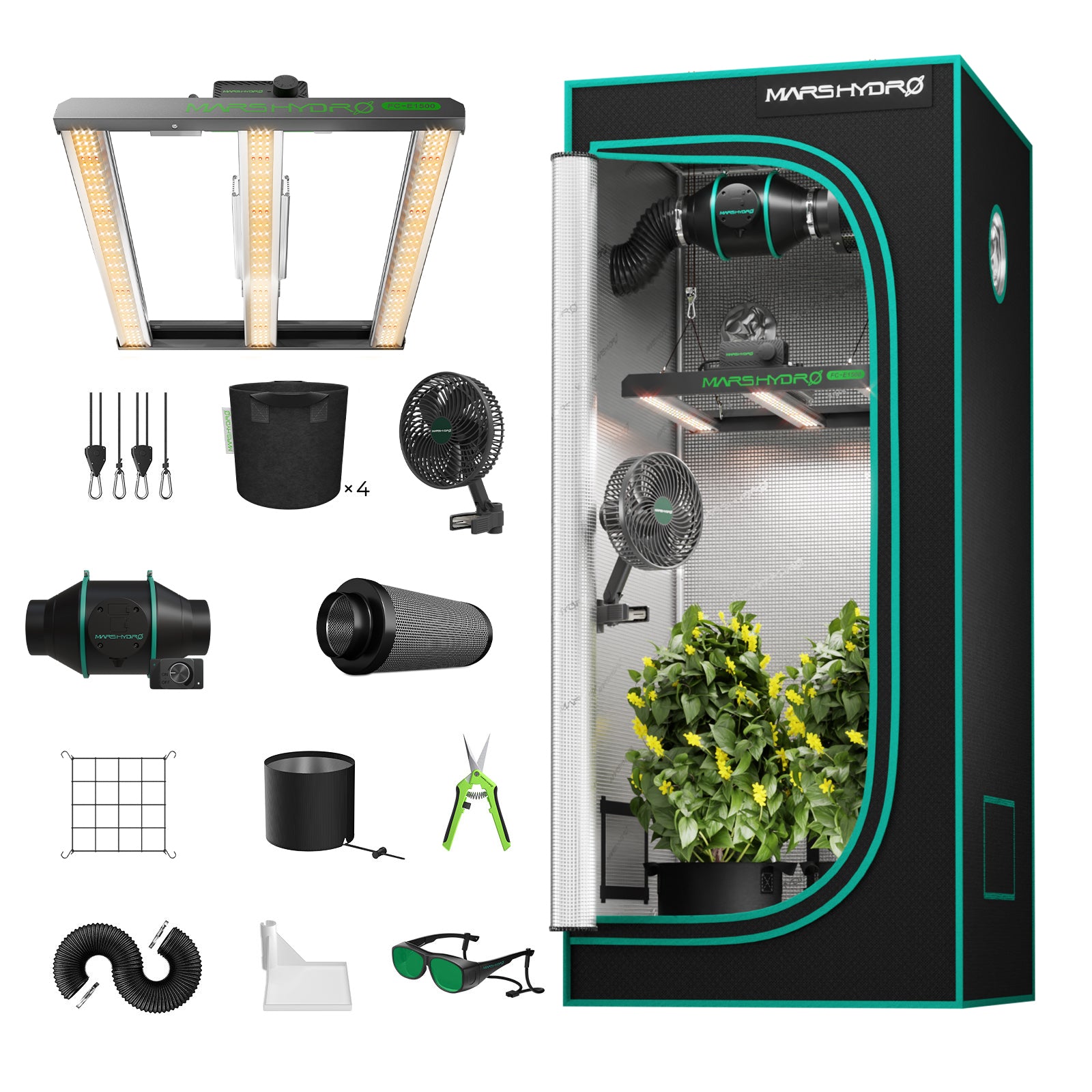 Mars Hydro FC-E1500 Complete Grow Tent Kits | 150W LED Grow Light+ 80x80x160cm Indoor Tent +4″ Ventilation System | 6“ Clip-on fan | Max Yield 2.5g/watt