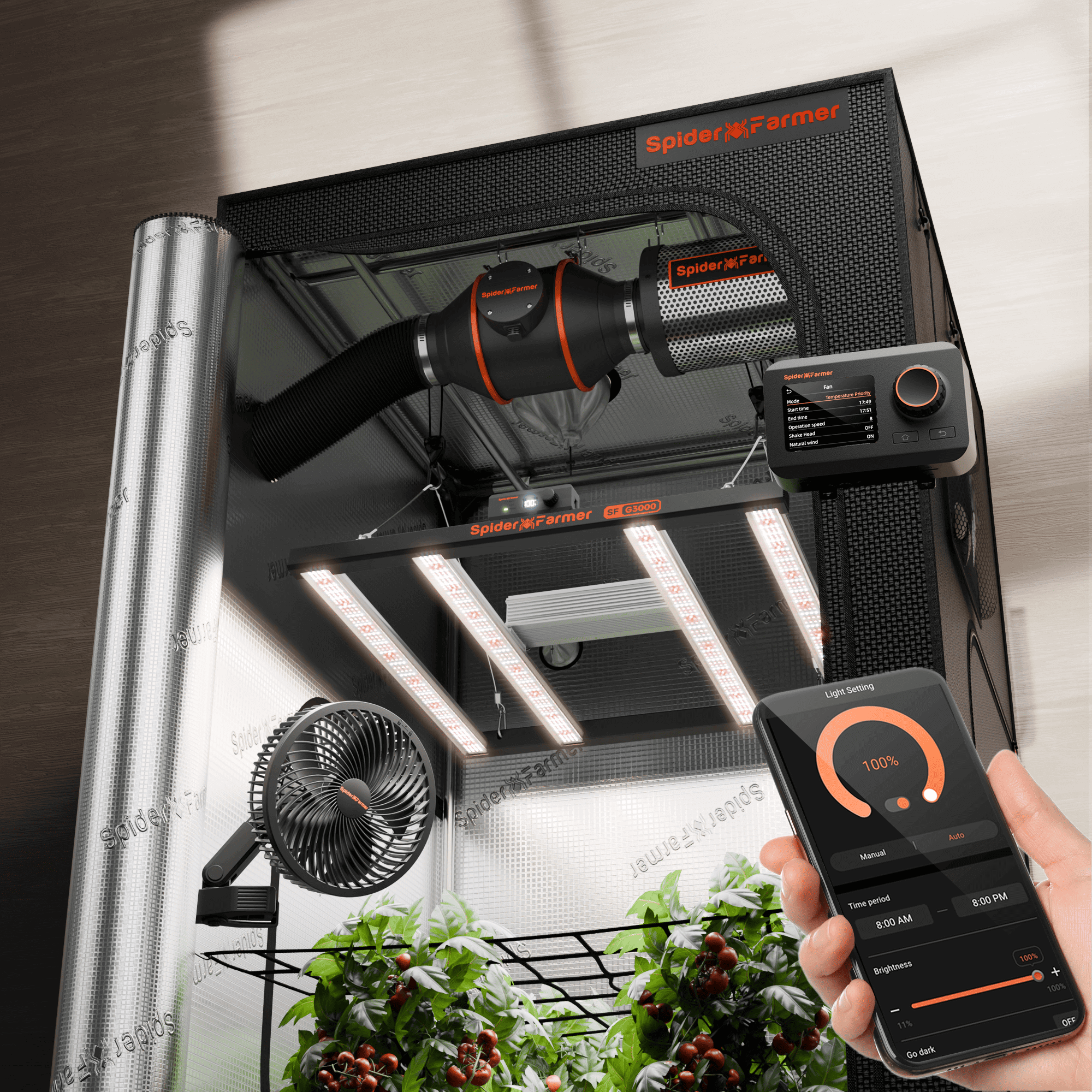 Spider Farmer® 3×3′ Complete Grow Tent Kit丨G3000 WiFi & Bluetooth App-Controlled LED Grow Light丨6” Clip Fan丨4” Ventilation System with GGS Controller