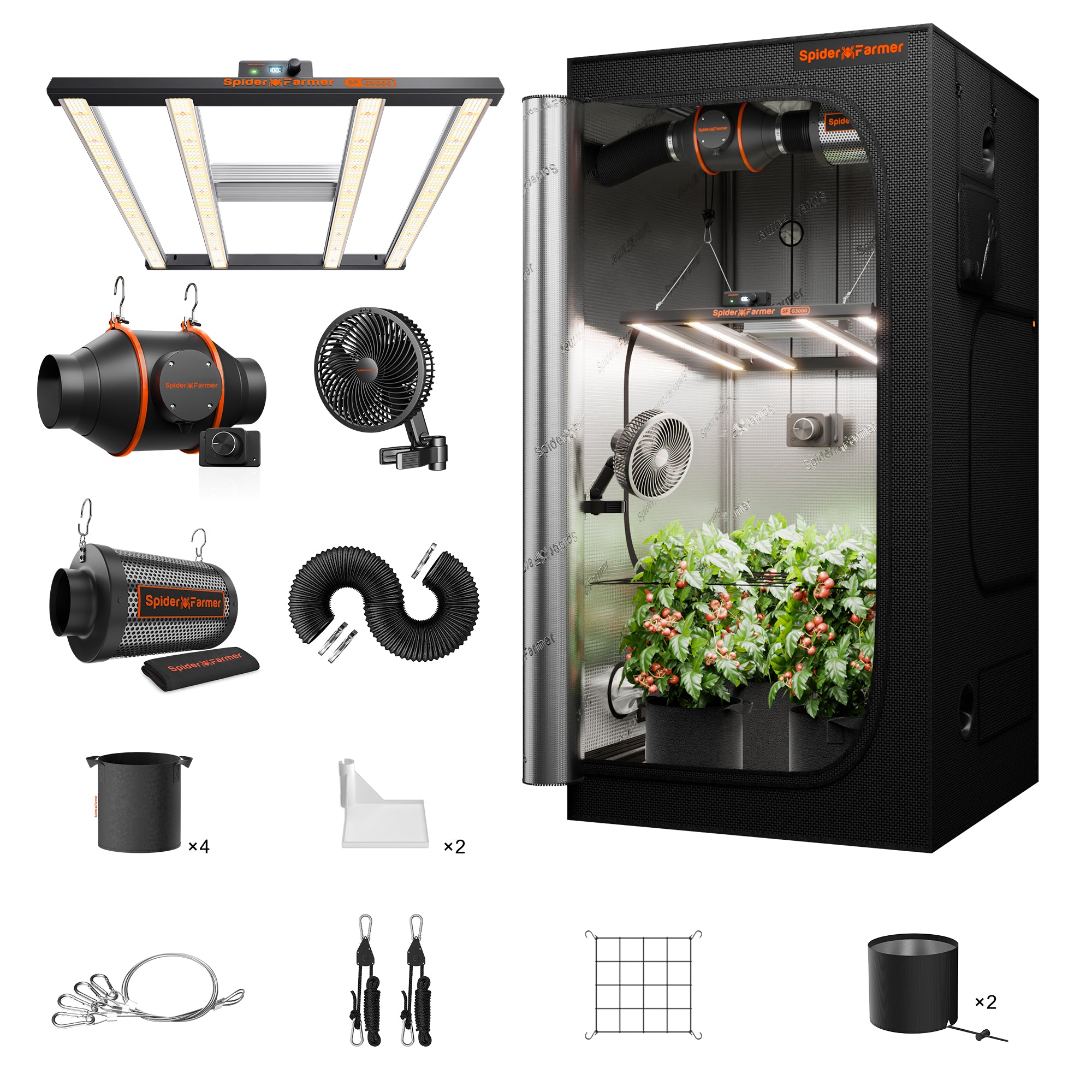 Spider Farmer® 3’x3′X6′ Complete Grow Tent Kit丨Newest Version G3000 Full Spectrum LED Grow Light丨 Next-Gen 6” Clip Fan丨4” Ventilation System with Speed Controller(with RJ12 Port)