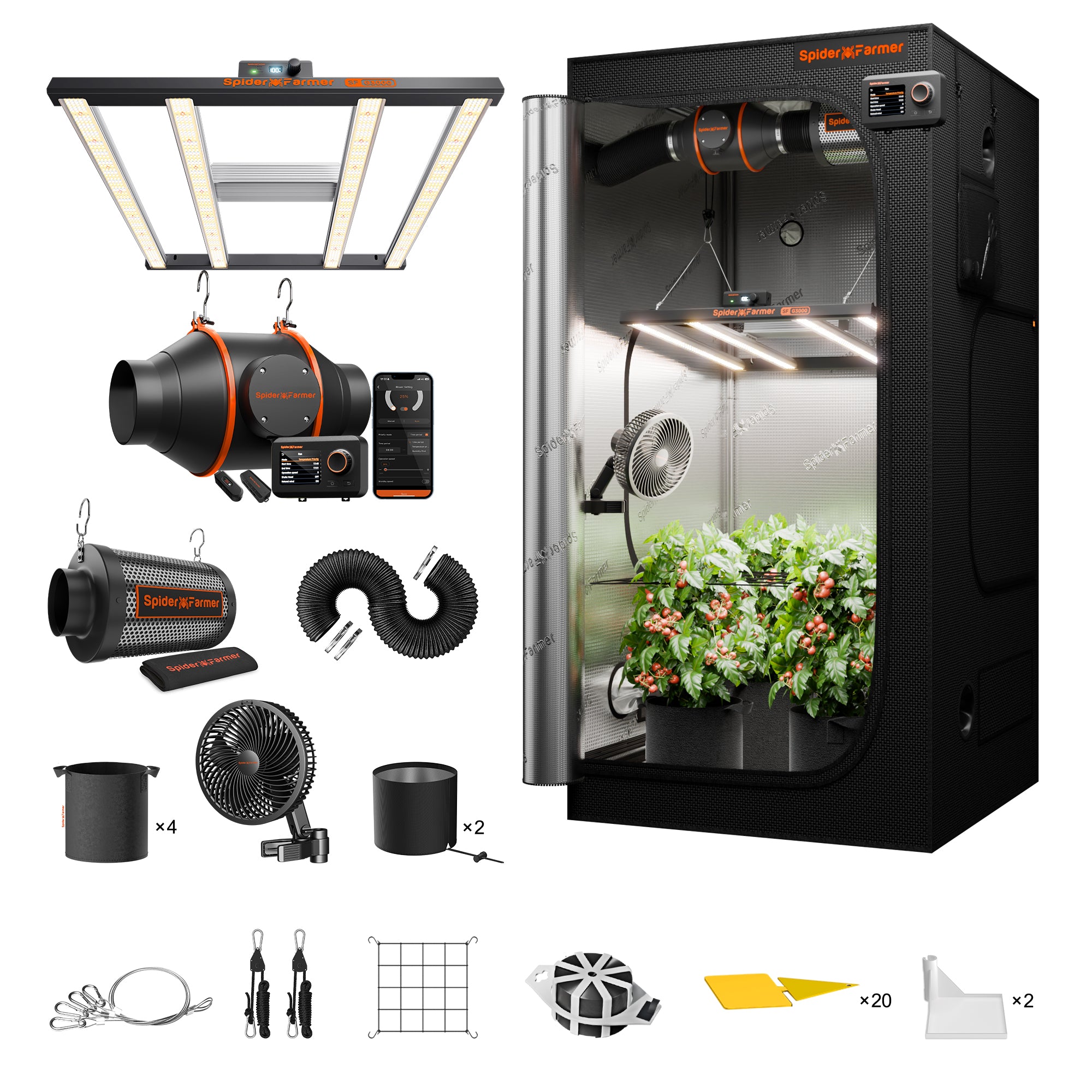 Spider Farmer® 3×3′ Complete Grow Tent Kit丨G3000 WiFi & Bluetooth App-Controlled LED Grow Light丨6” Clip Fan丨4” Ventilation System with GGS Controller