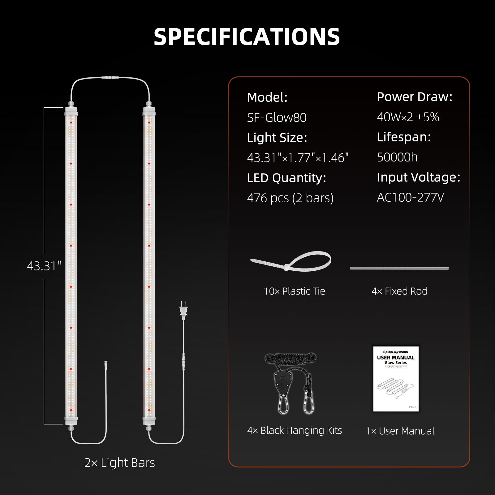 Spider Farmer® Glow80 80W LED Grow Light Bars, Full Spectrum, IP65 Waterproof, Linkable Lamps