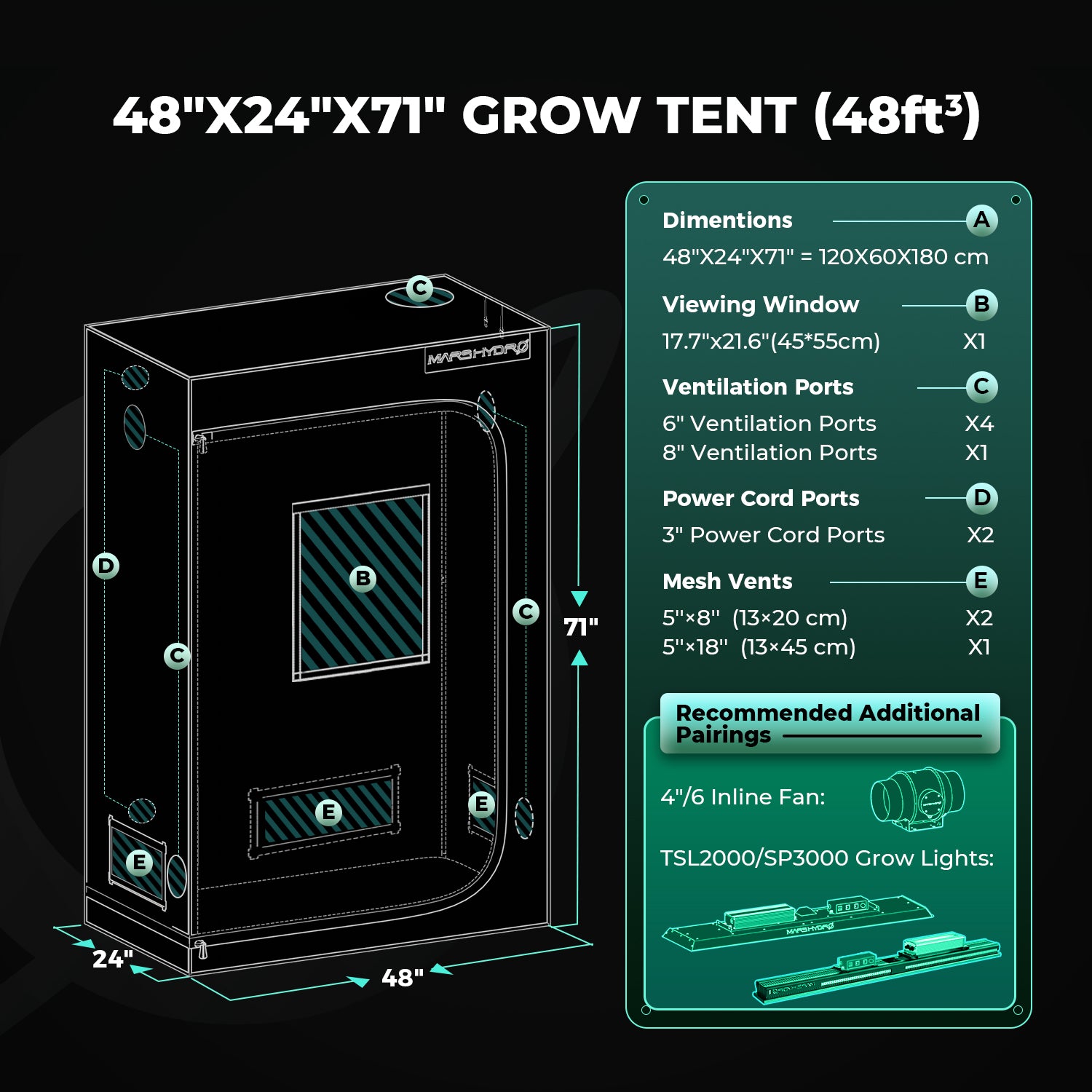 Mars Hydro 120x60x180cm Grow Tent Pro – 2000D Lightproof Indoor Grow Box with High-Reflective Mylar & Large Viewing Window