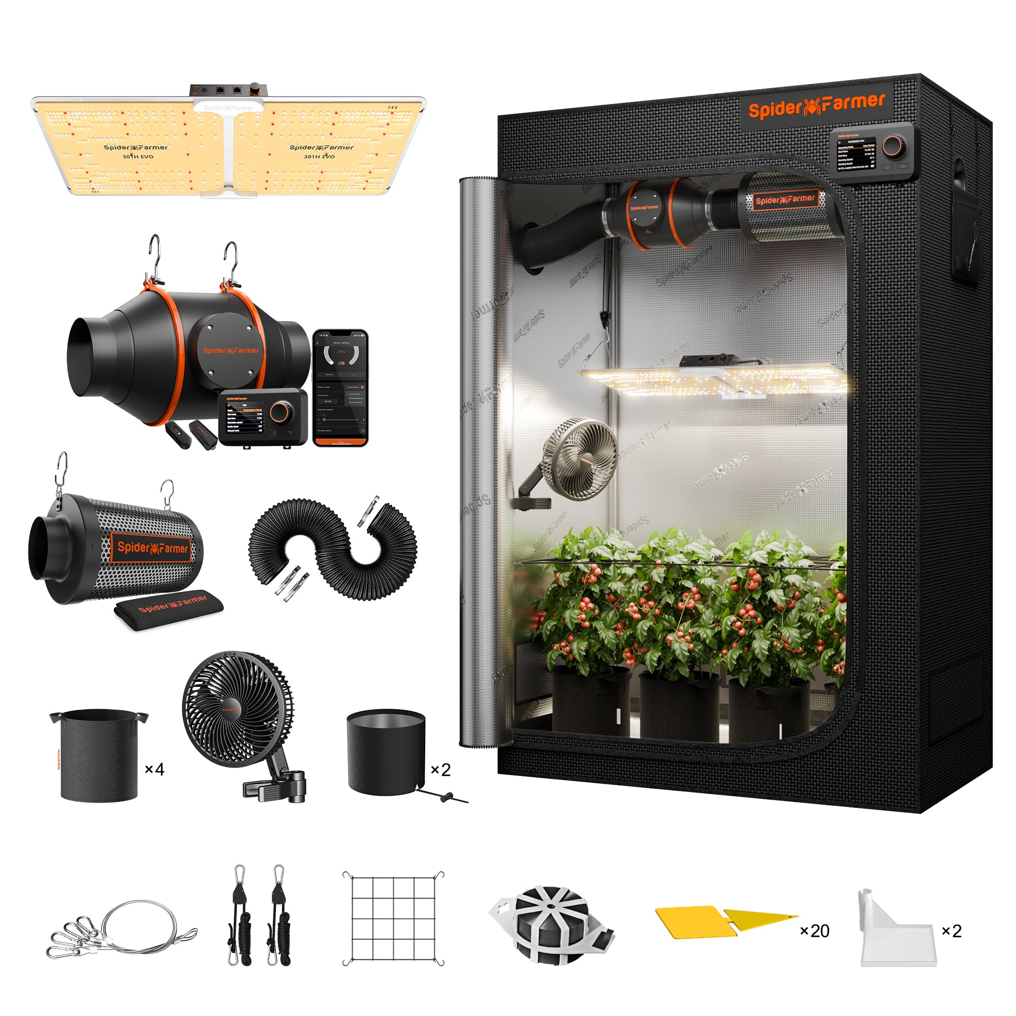 Spider Farmer® 2’x4’ Complete Grow Tent Kit丨SF2000 301H EVO Full Spectrum LED Grow Light丨6” Clip Fan丨4” Ventilation System with GGS Controller