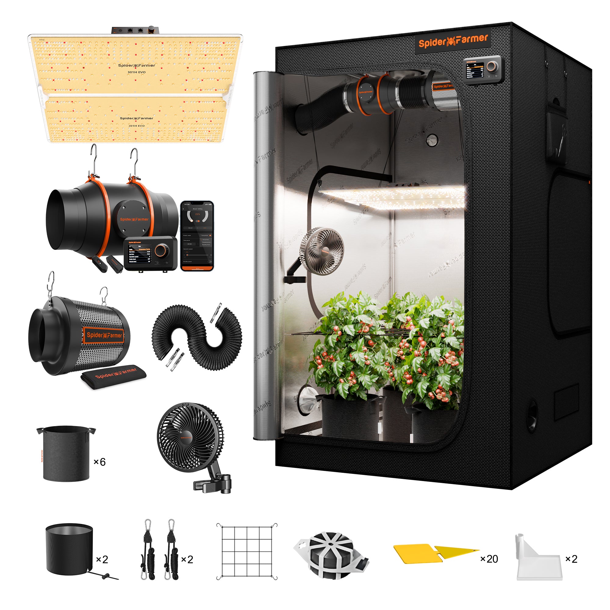 Spider Farmer® 4‘x4‘x6.5‘Complete Grow Tent Kit丨SF4000 450W Full Spectrum LED Grow Light丨6” Ventilation System with Humidity and APP GGS Controller丨6” Clip Fan