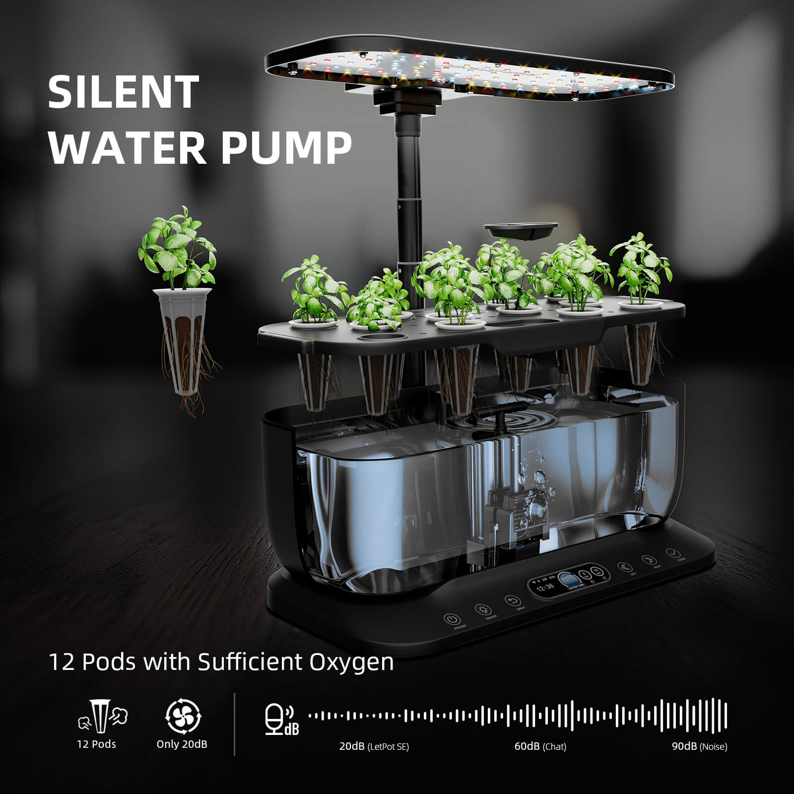 Spider Farmer SmartG12 Hydroponic Gardening System Kit,APP & Wifi Controlled,36W LED Grow Light,12 Pods Indoor Herb Garden,6L Water Tank