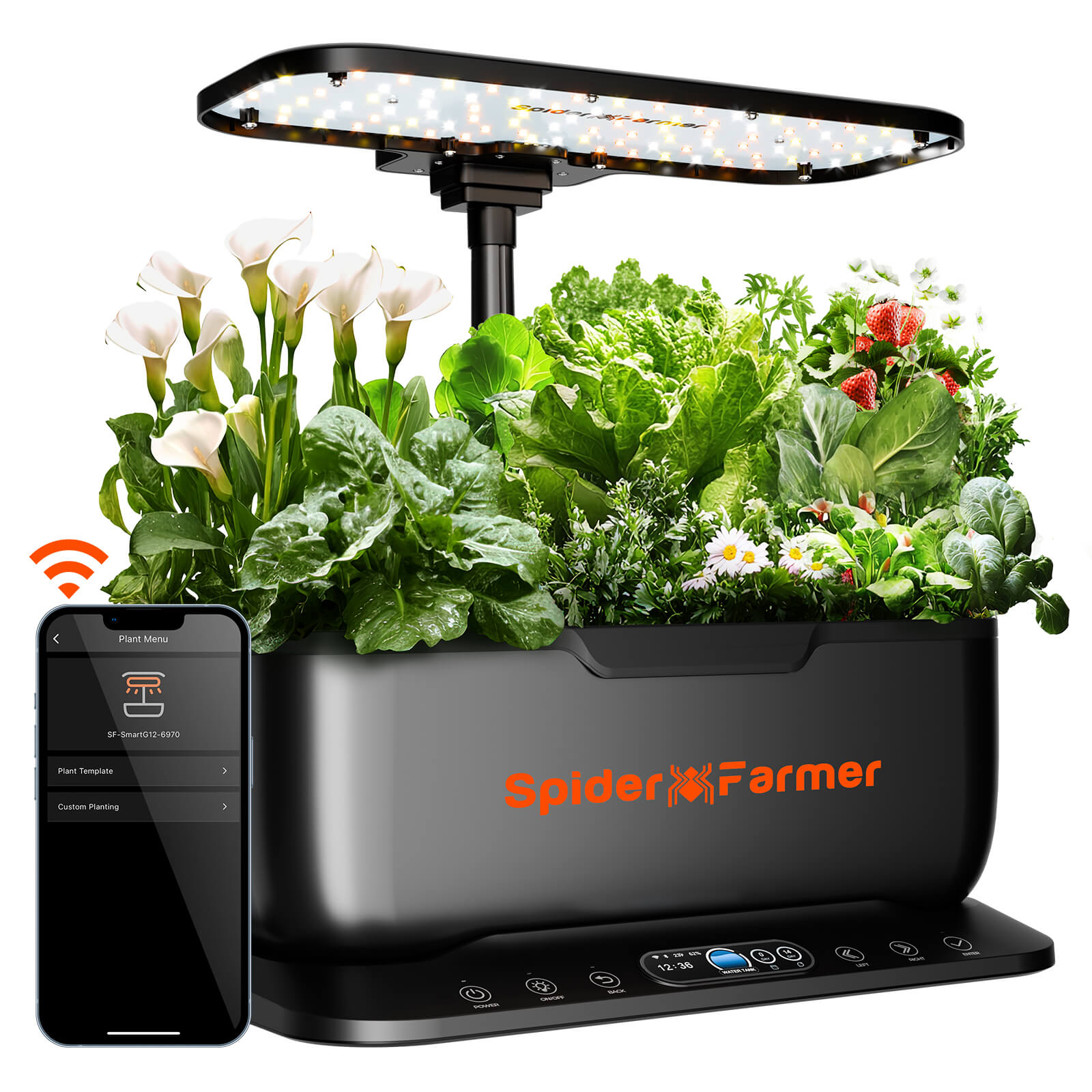 Spider Farmer SmartG12 Hydroponic Gardening System Kit,APP & Wifi Controlled,36W LED Grow Light,12 Pods Indoor Herb Garden,6L Water Tank