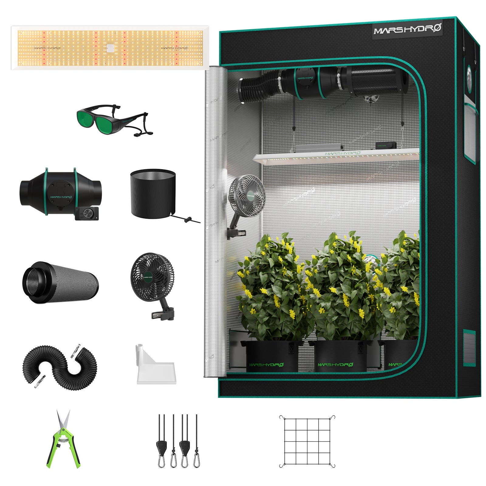 Mars Hydro TSL2000 Complete Grow Tent Kit | 300W LED Grow Light + 120x60x180cm Indoor Grow Tent + 4″ Ventilation System | 6“ Clip-on fan