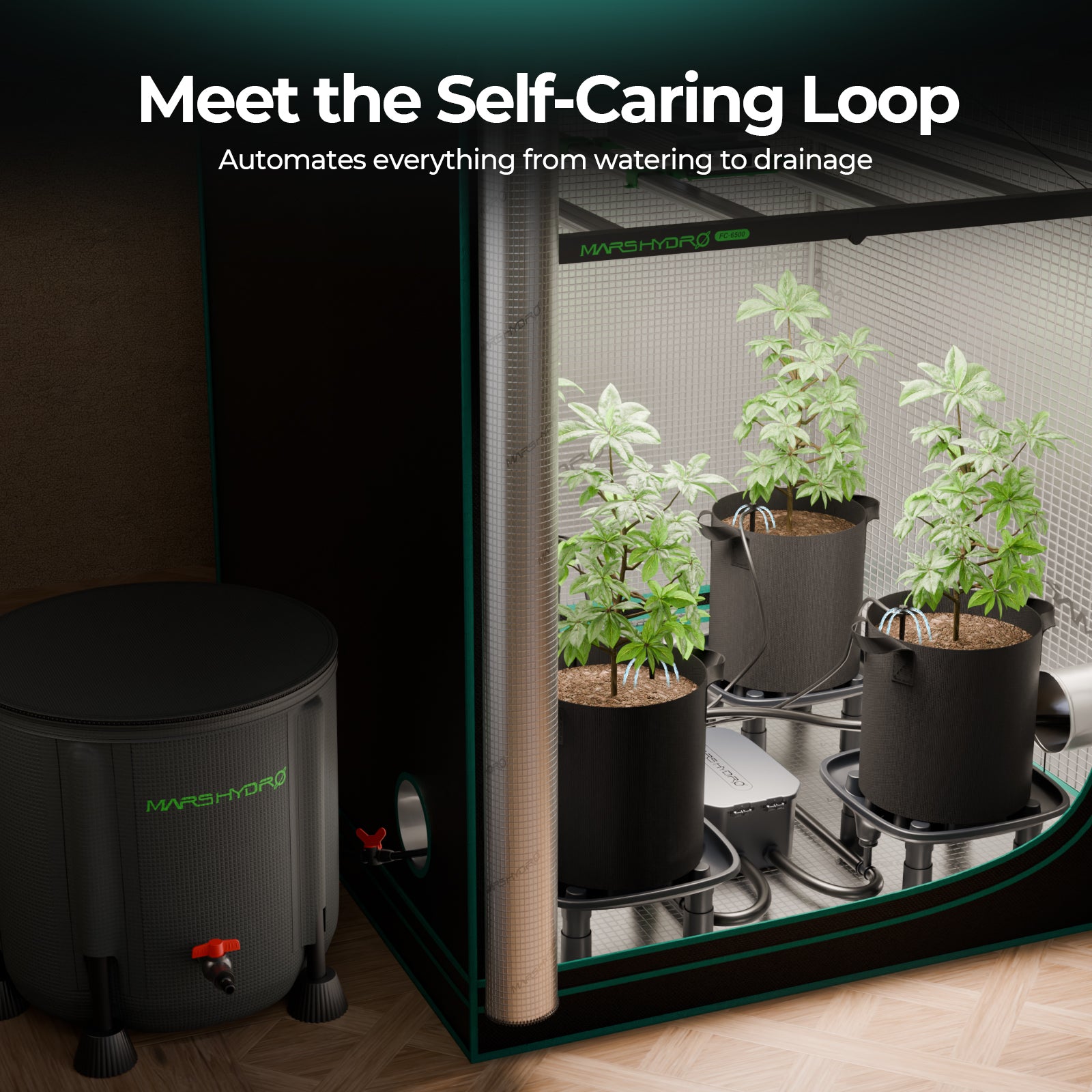 Mars Hydro Auto-Drainage System 3-Pack Runoff Trays|Water Pump|Grow Bags|for Grow Tents Garden 3 Plants