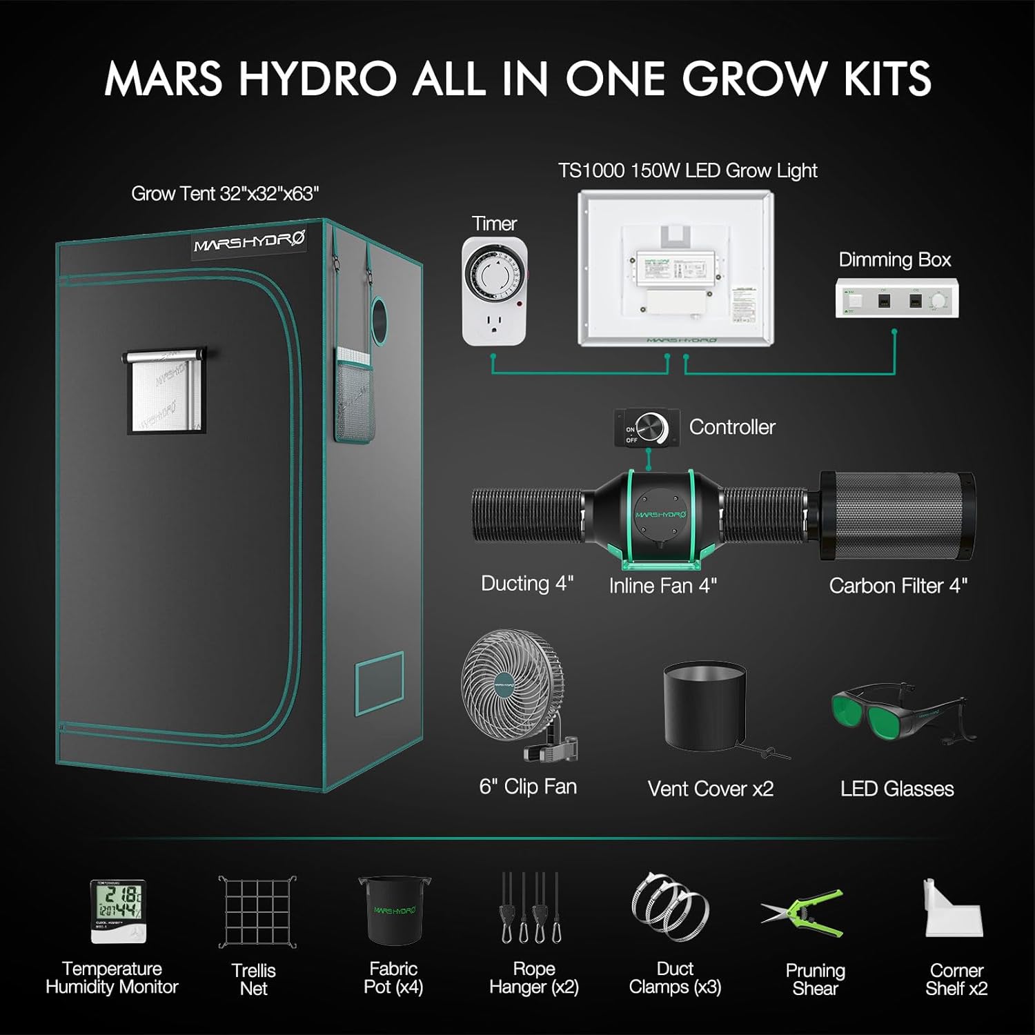 Mars Hydro TS 1000 LED Grow Light + 2.6'X2.6'(32"x32"x63") Indoor Complete Grow Tent Kits