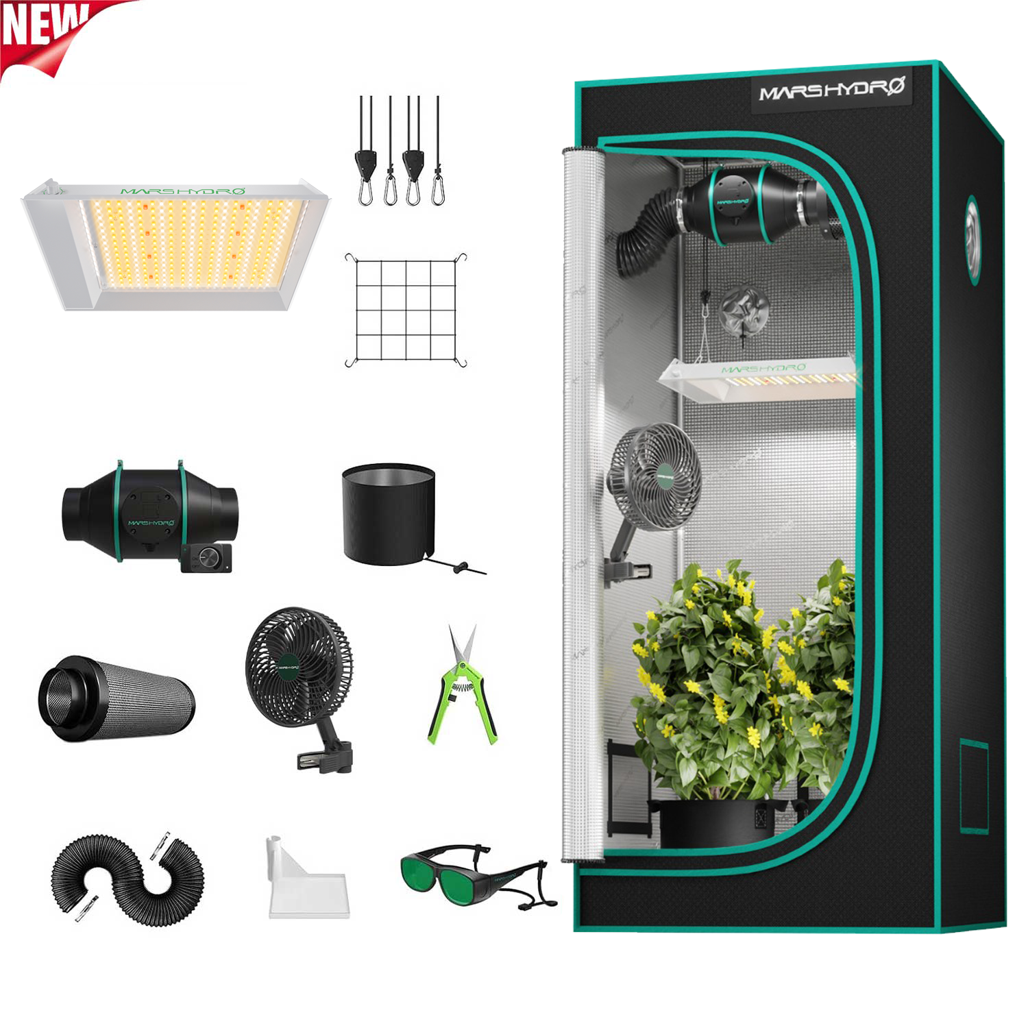 2026 Update New|Mars Hydro TS 600 Dimmable Complete Grow Tent Kit | 100W LED Grow Light | 60x60x140cm Indoor Grow Tent | 4″ Ventilation System | 6“ Clip-on fan