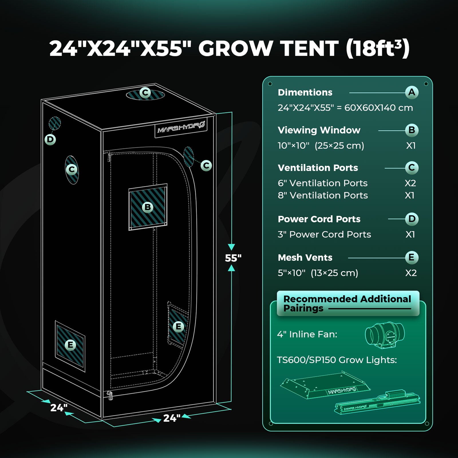 2026 Update New|Mars Hydro TS 600 Dimmable Complete Grow Tent Kit | 100W LED Grow Light | 60x60x140cm Indoor Grow Tent | 4″ Ventilation System | 6“ Clip-on fan