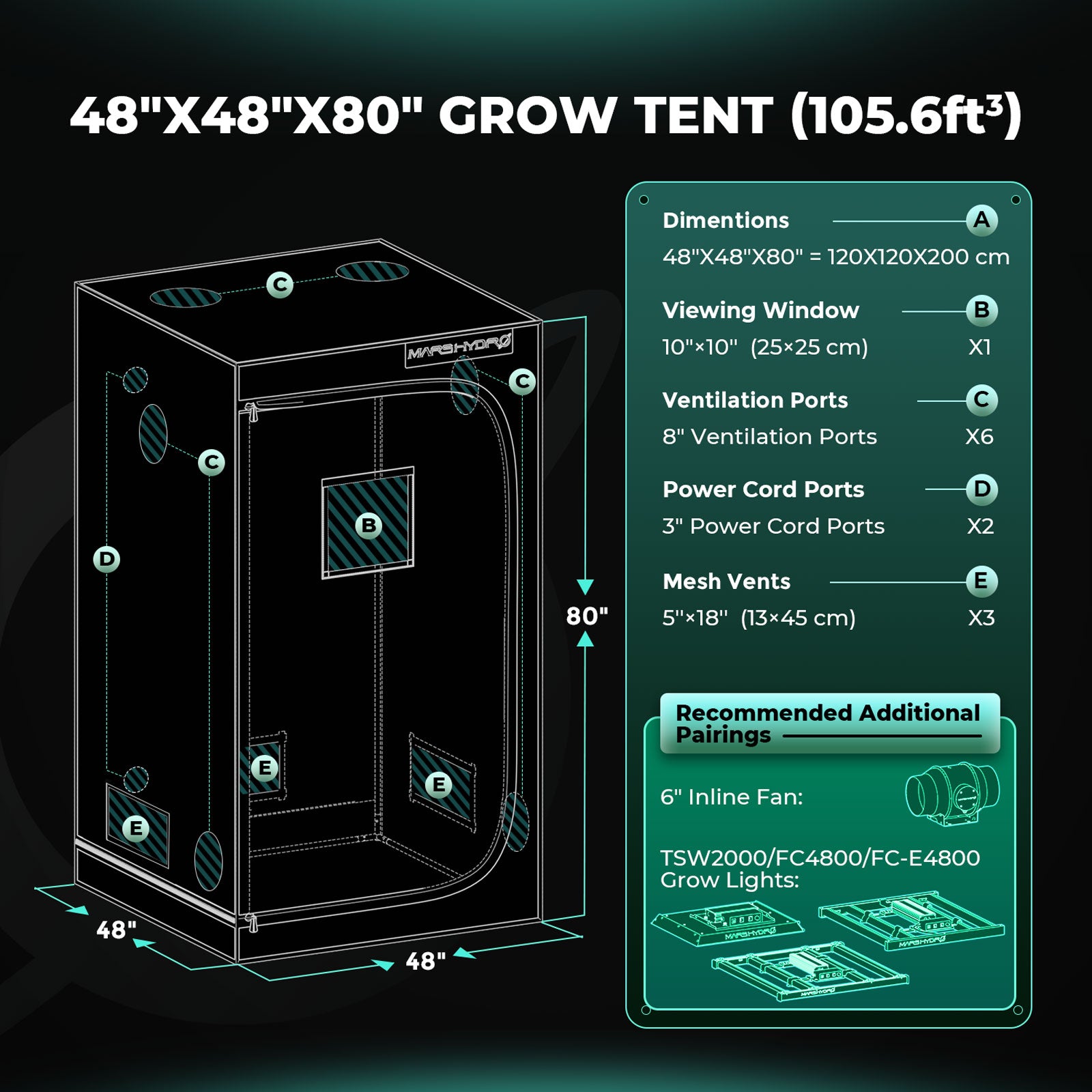 Mars Hydro TSW2000 Complete Grow Tent Kit | 300W LED Grow Light | 120x120x200cm Indoor Grow Tent | 6″ Ventilation System | 6“ Clip-on fan
