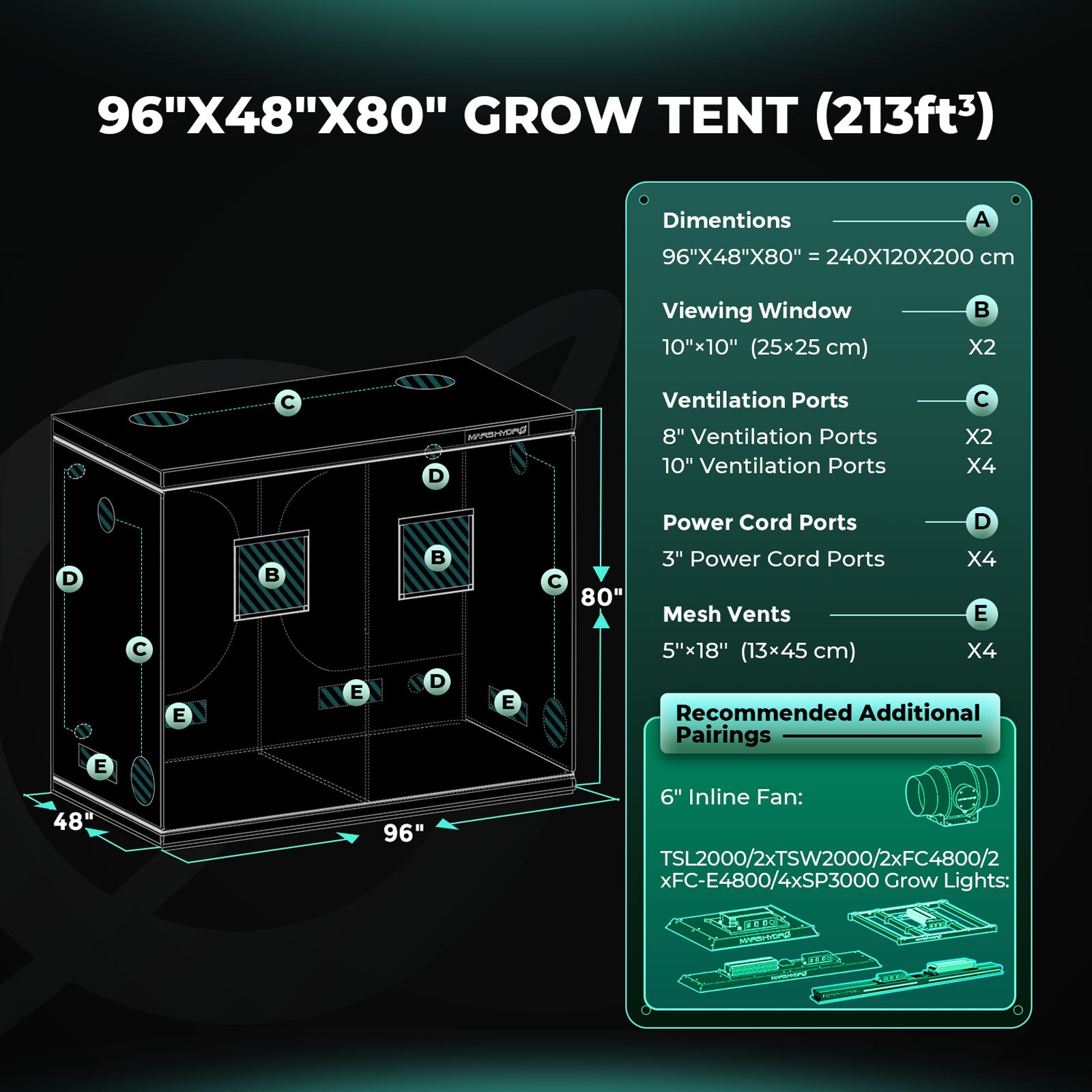 Mars Hydro 240x120x200cm Grow Tent – 1680D Light-Proof Tent with High Reflection GrowBox