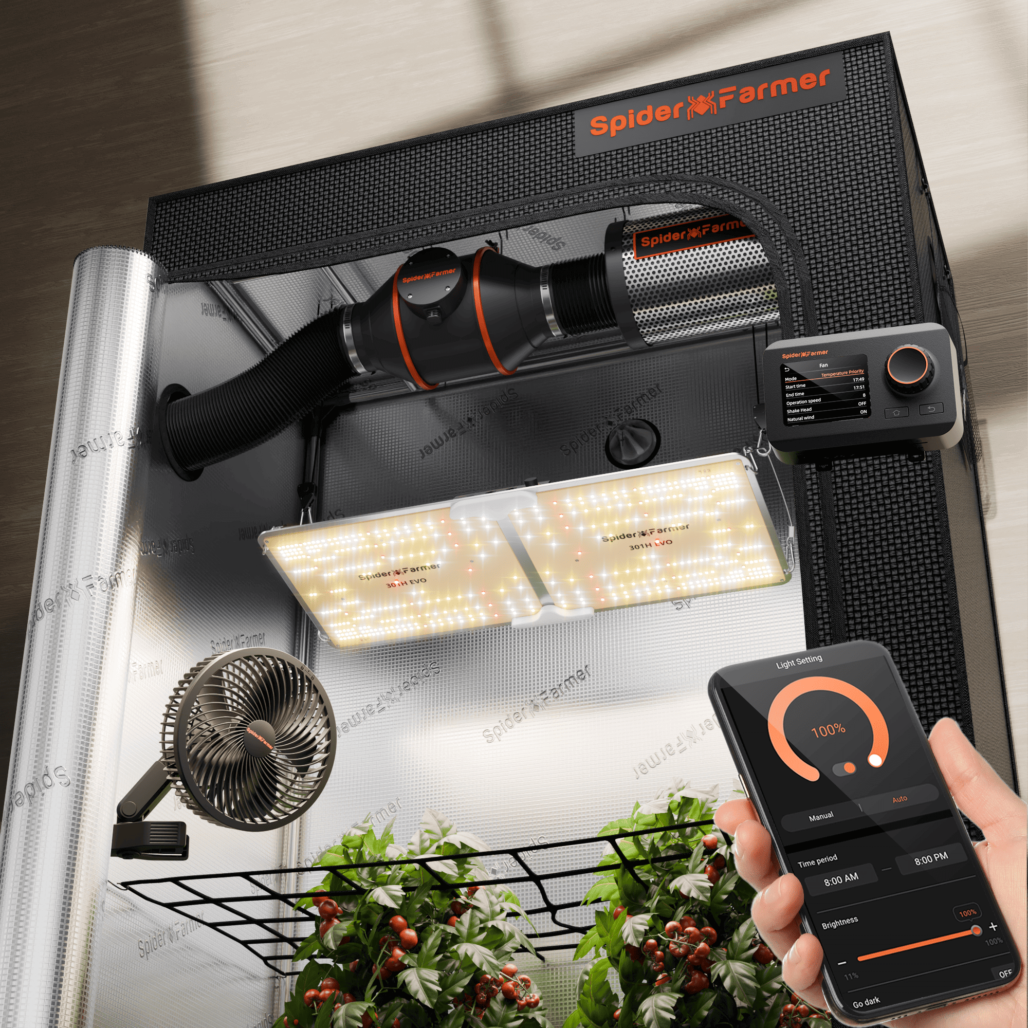 Spider Farmer® 2’x4’ Complete Grow Tent Kit丨SF2000 301H EVO Full Spectrum LED Grow Light丨6” Clip Fan丨4” Ventilation System with GGS Controller