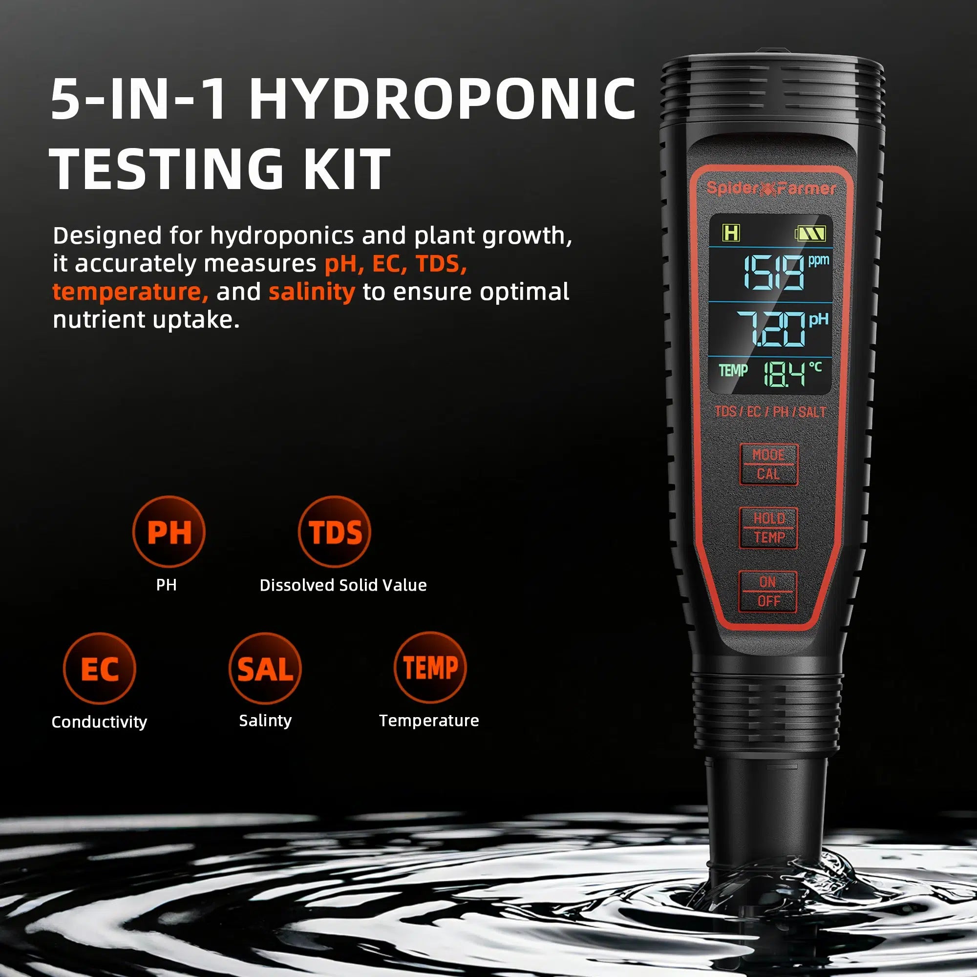2026 Spider Farmer® 5-in-1 pH Hydroponic Meter Kit