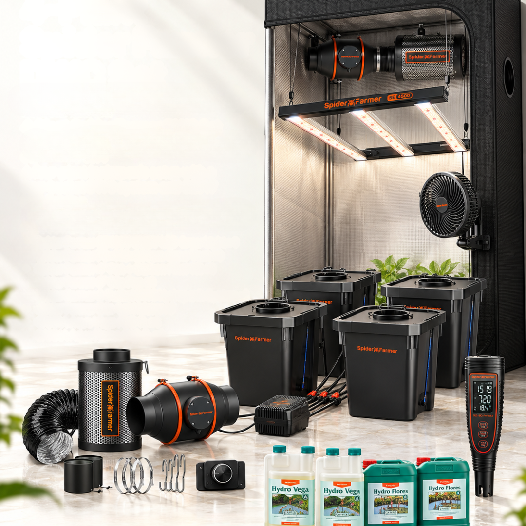 Illustrative image for the 4 Plant Spider Farmer DWC Set. The bundle includes CANNA Aqua Vega and Aqua Flores nutrients; see the list for exact models and quantities.