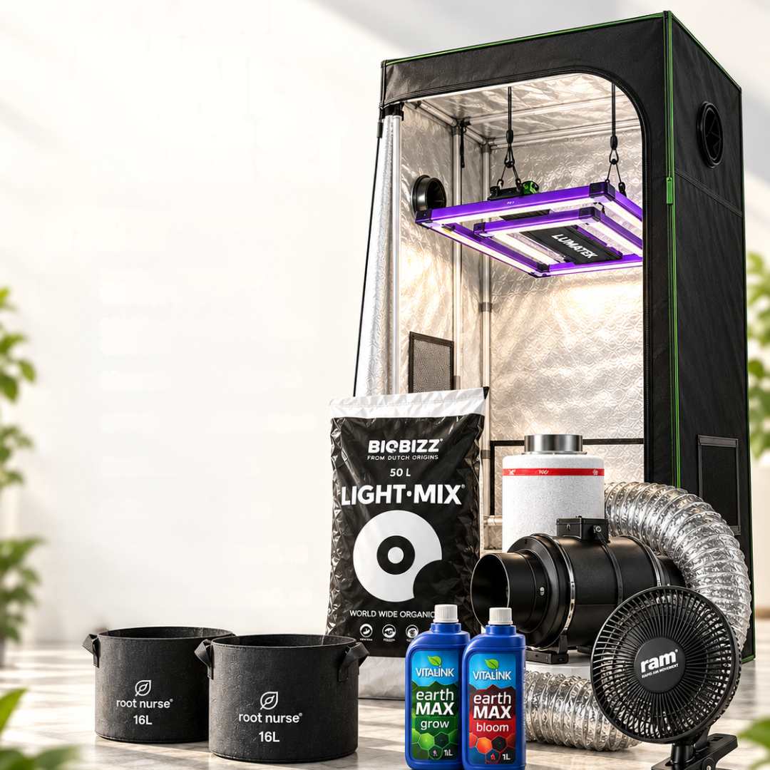 Illustrative image for the 4 Plant Lumatek Complete Set. This bundle includes four 16L pots, two CANNA Terra Professional 50L bags and a CANNA Terra Starter Kit; the pictured quantities and nutrients differ.